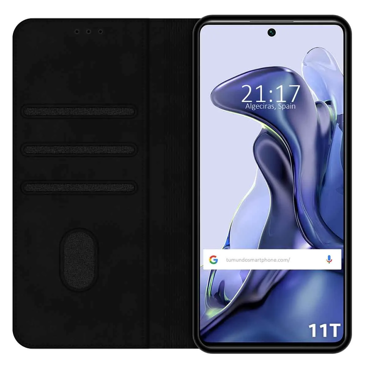 Uno smartphone nero in una custodia aperta. L'ora è 21:17.