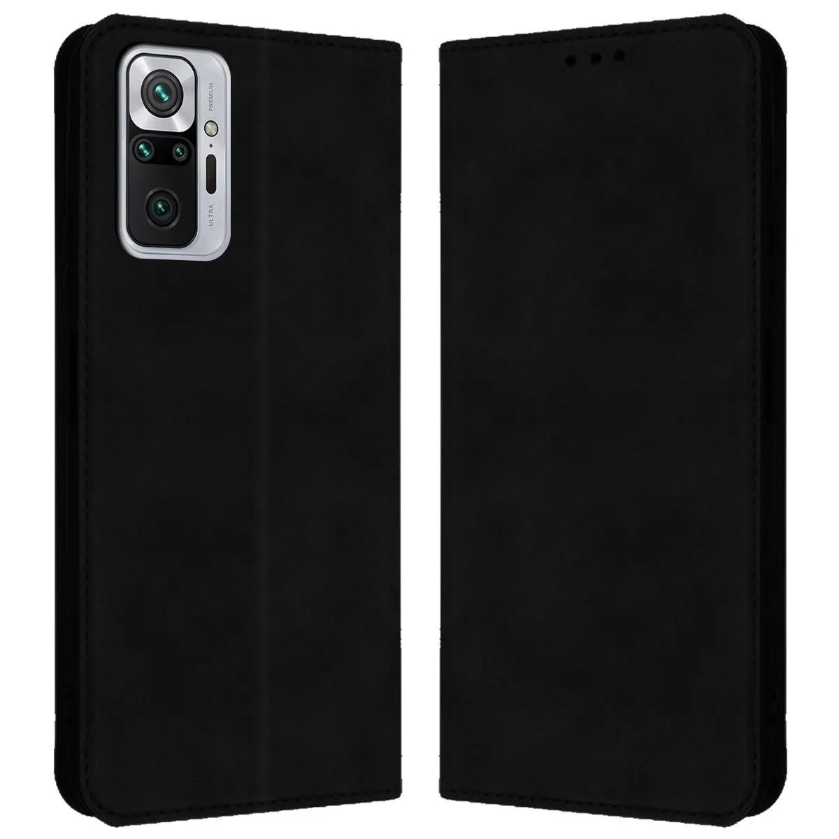 Custodia a libro nera per smartphone, modulo fotocamera a sinistra.