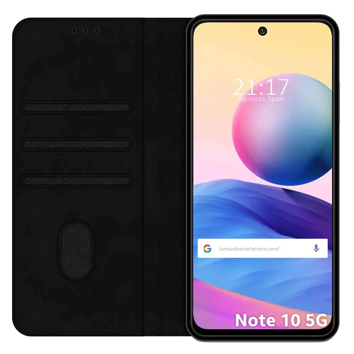 Uno smartphone nero con cover aperta e sfondo colorato.