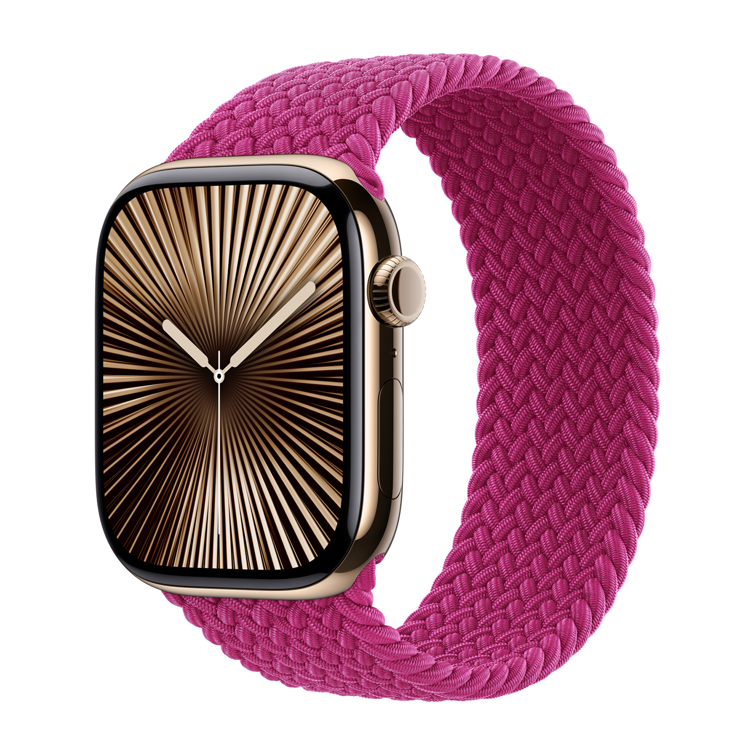 Gouden smartwatch met roze gevlochten band en een wijzerplaat met sterpatroon.