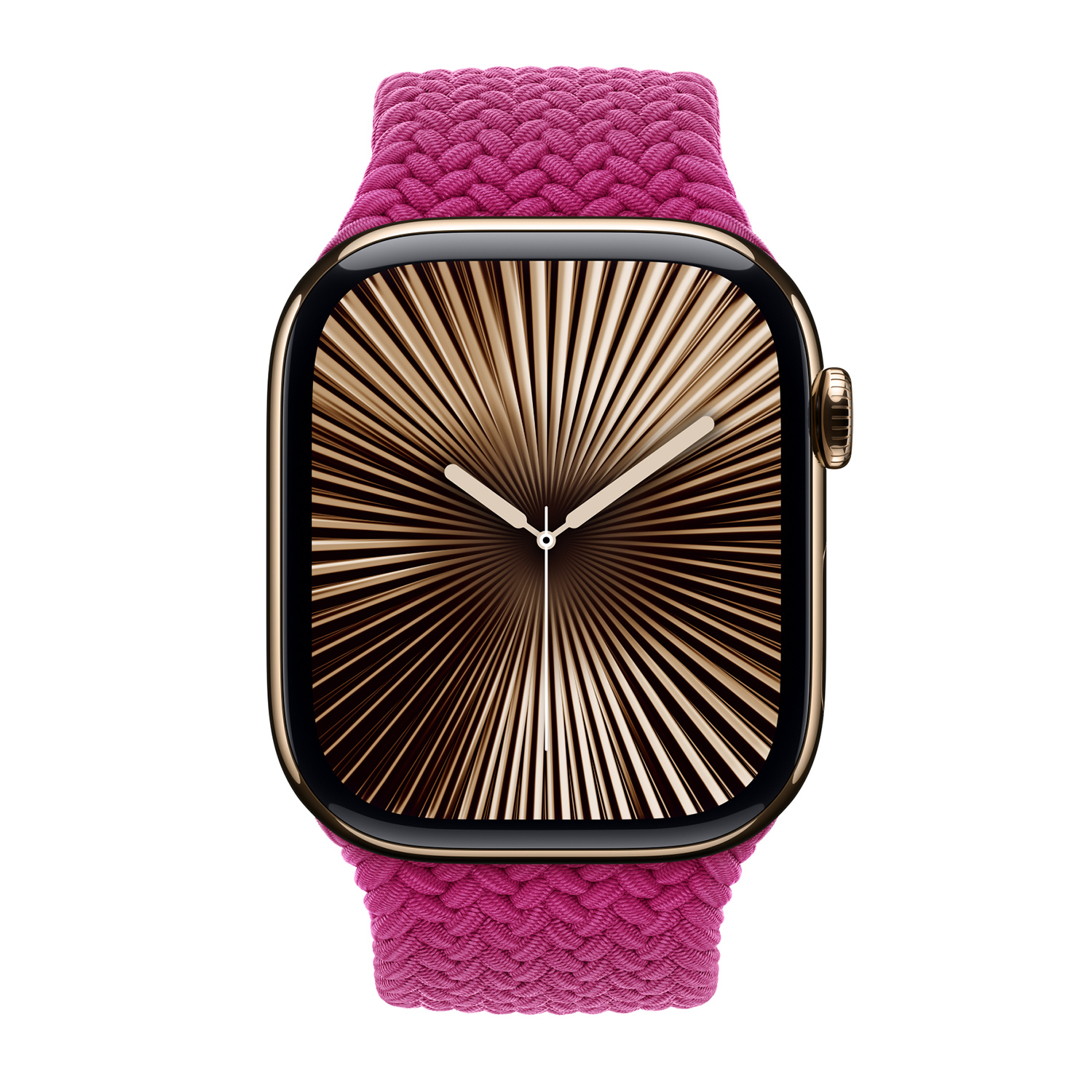 Gouden smartwatch met roze band en abstracte wijzerplaatgrafiek.