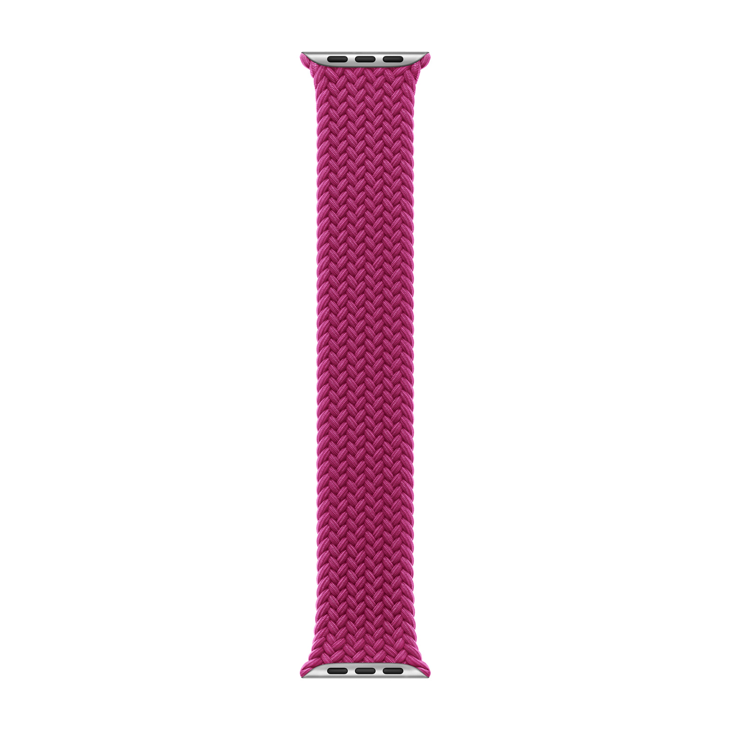 Een gevlochten, magenta Apple Watch band met zilveren connectoren.