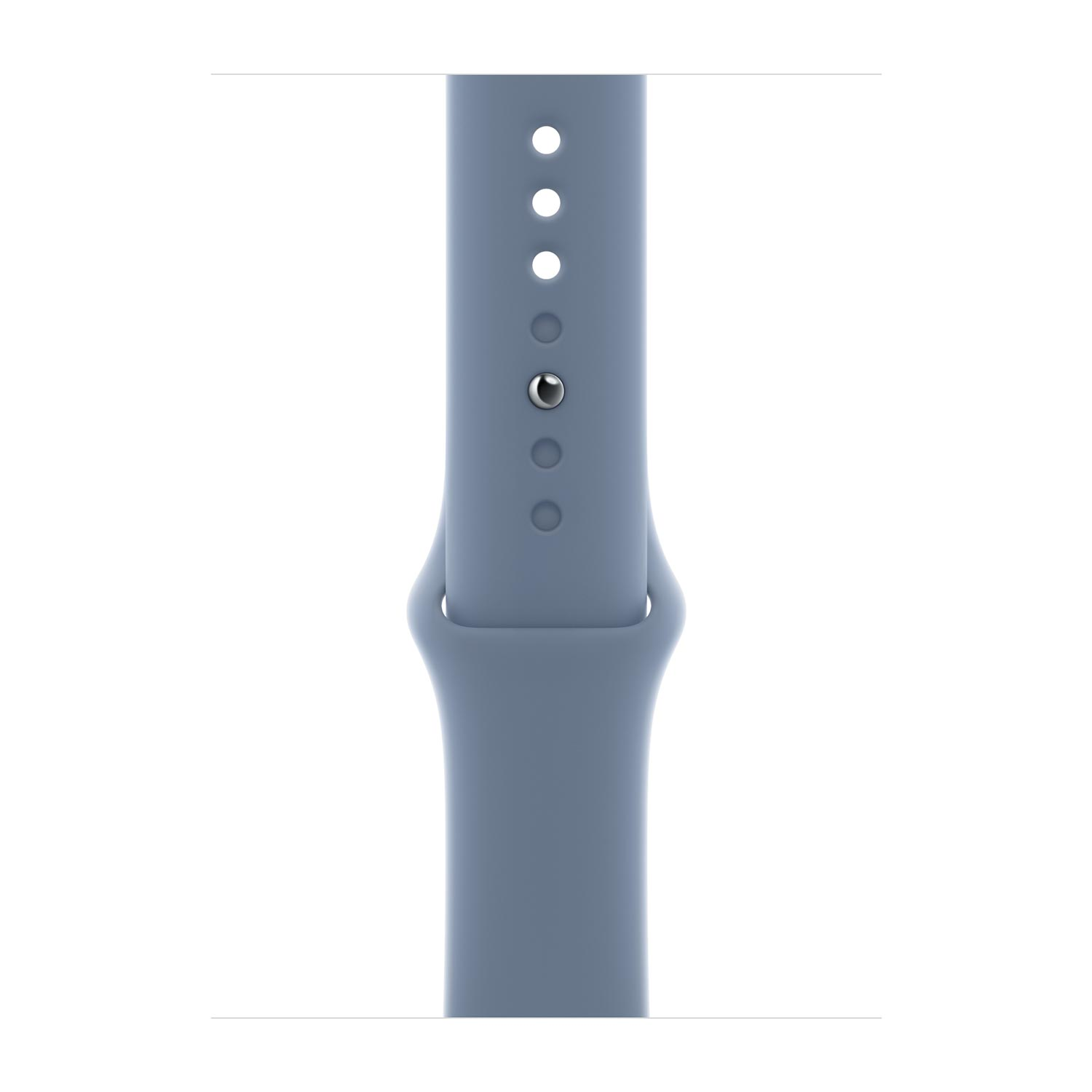 Un cinturino per orologio blu chiaro con fori e un perno argentato.