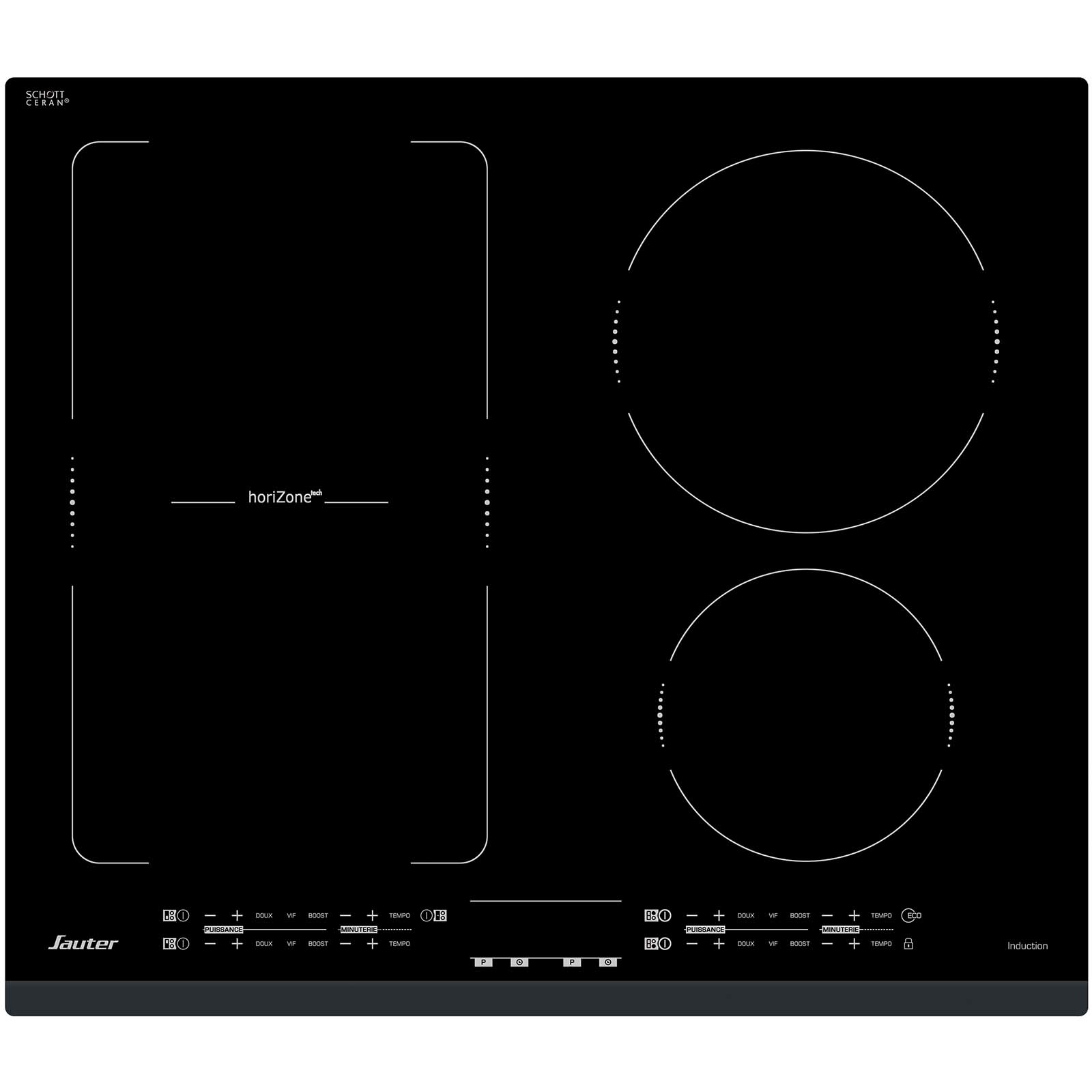 Czarna płyta indukcyjna z czterema strefami gotowania i panelami dotykowymi.