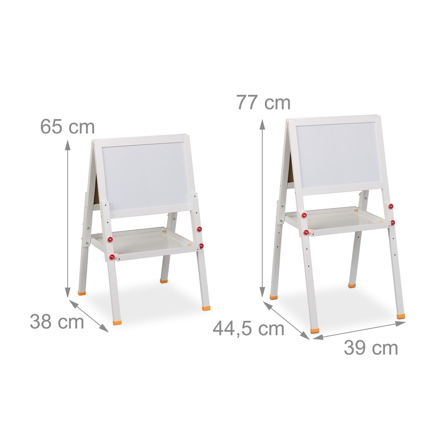 Dos caballetes blancos con dimensiones, fondo blanco.
