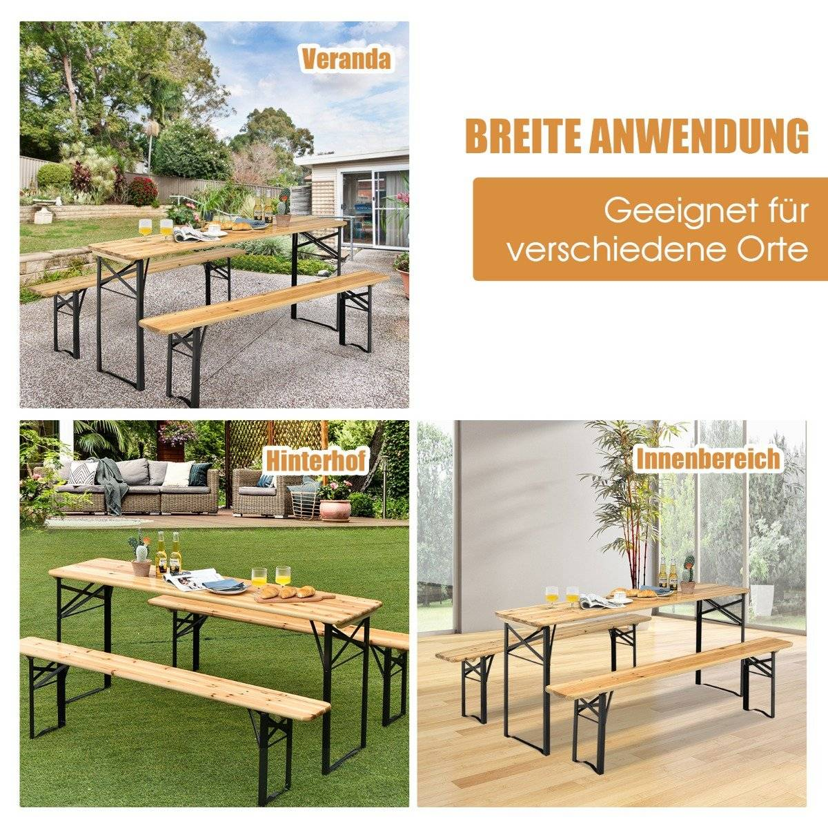 Mesa y bancos de madera en exteriores e interiores.