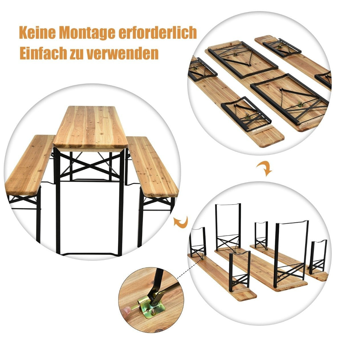 Mesa y bancos de madera, no requiere montaje, fácil de usar.