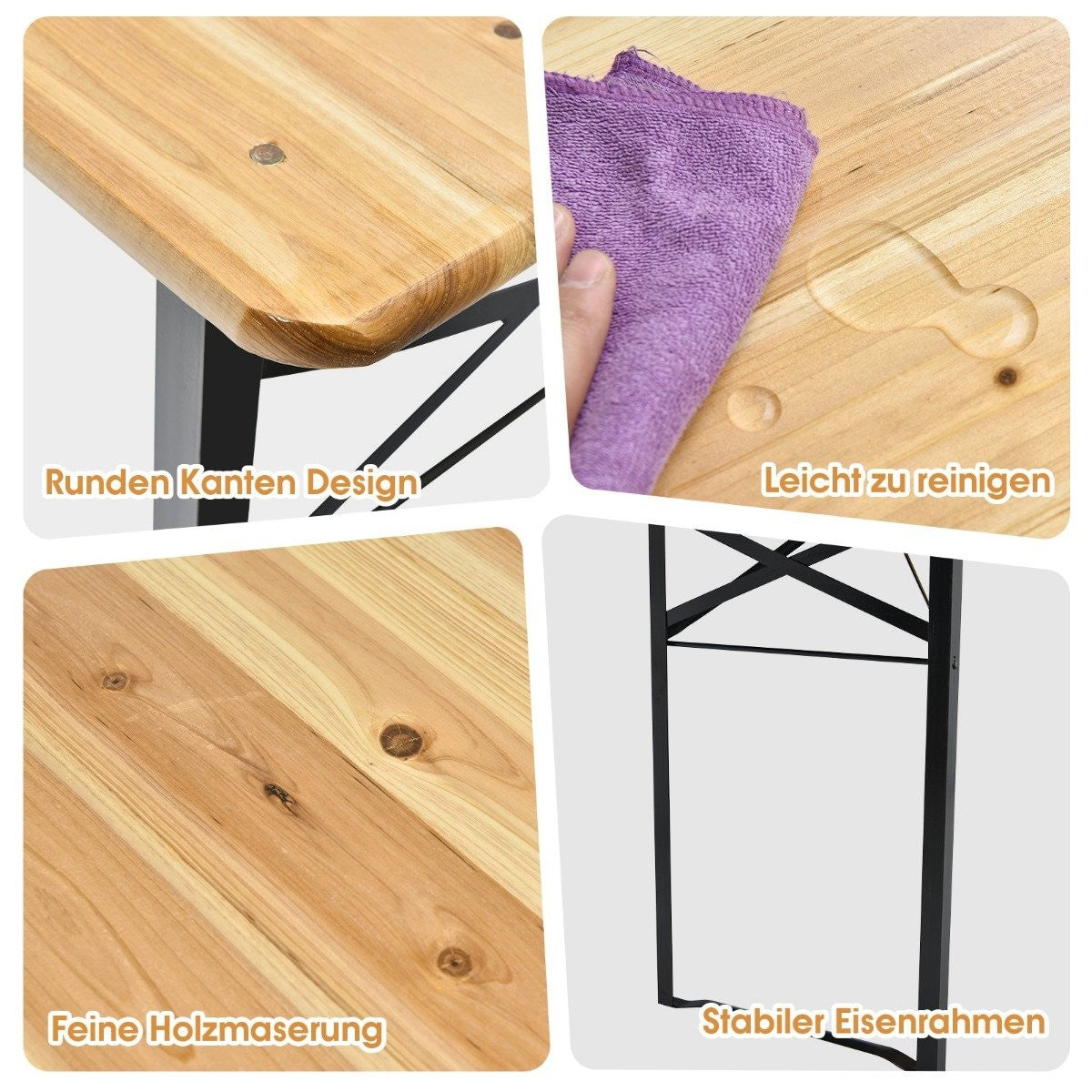 Tablero de madera con bordes redondeados, fácil de limpiar, con marco de hierro.