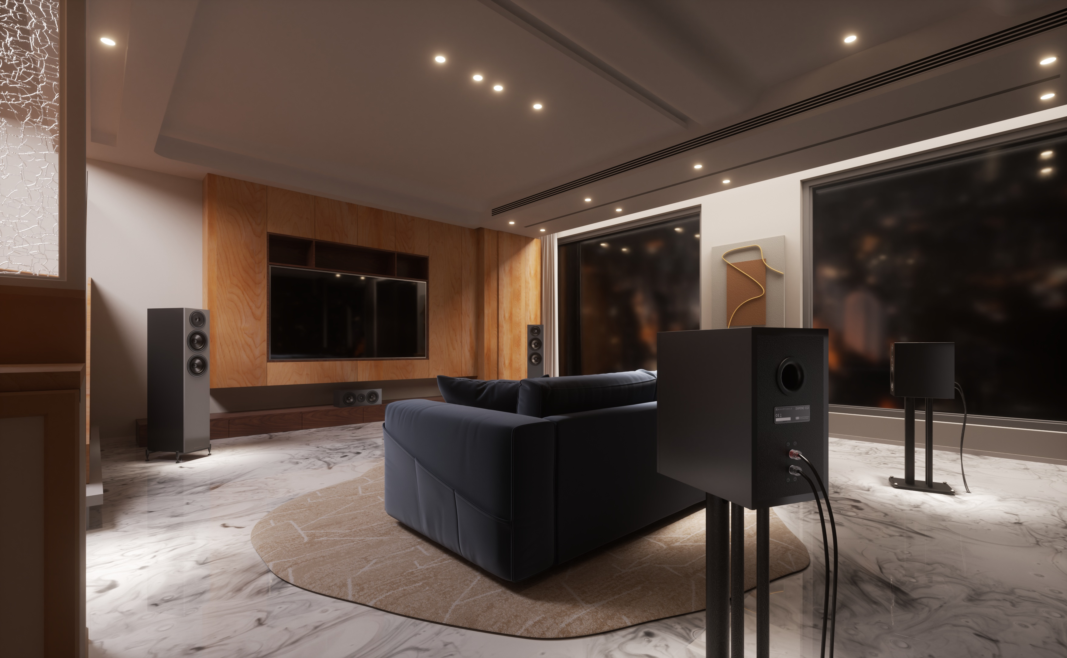 Moderne woonkamer met bank, tv, luidsprekers en marmeren vloer.