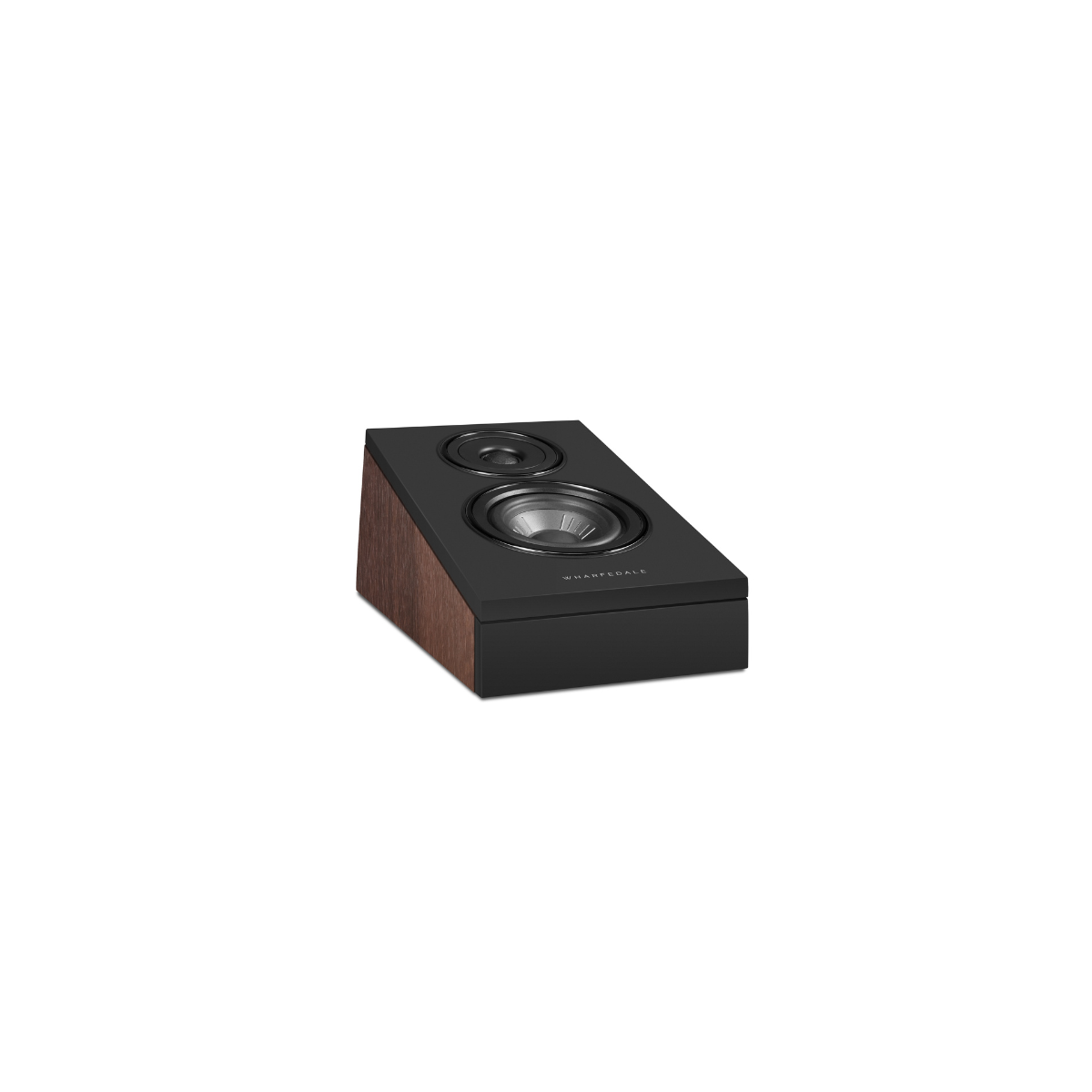 Black speaker with wood sides, two drivers on the front.