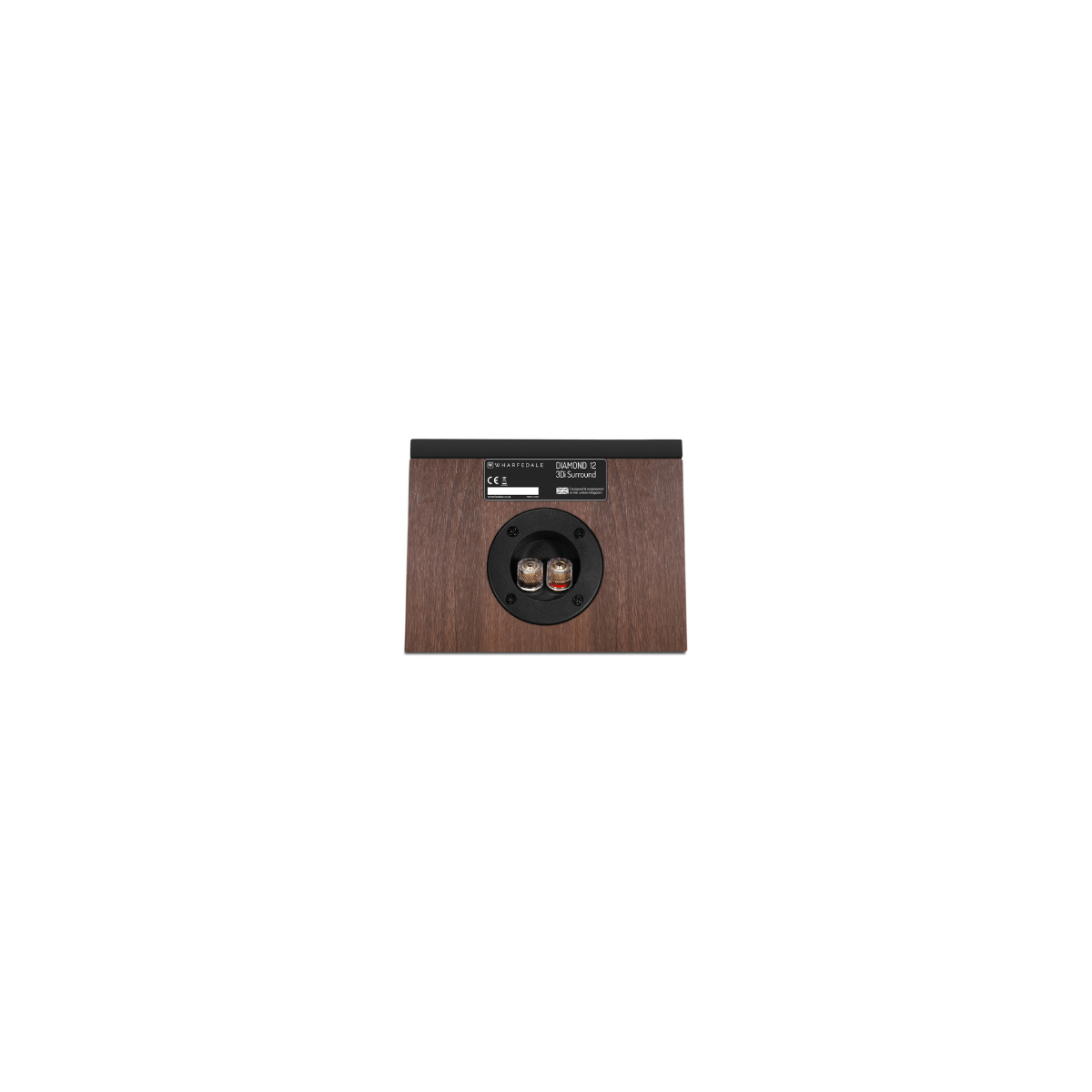 Back of a brown speaker with binding posts and model number.