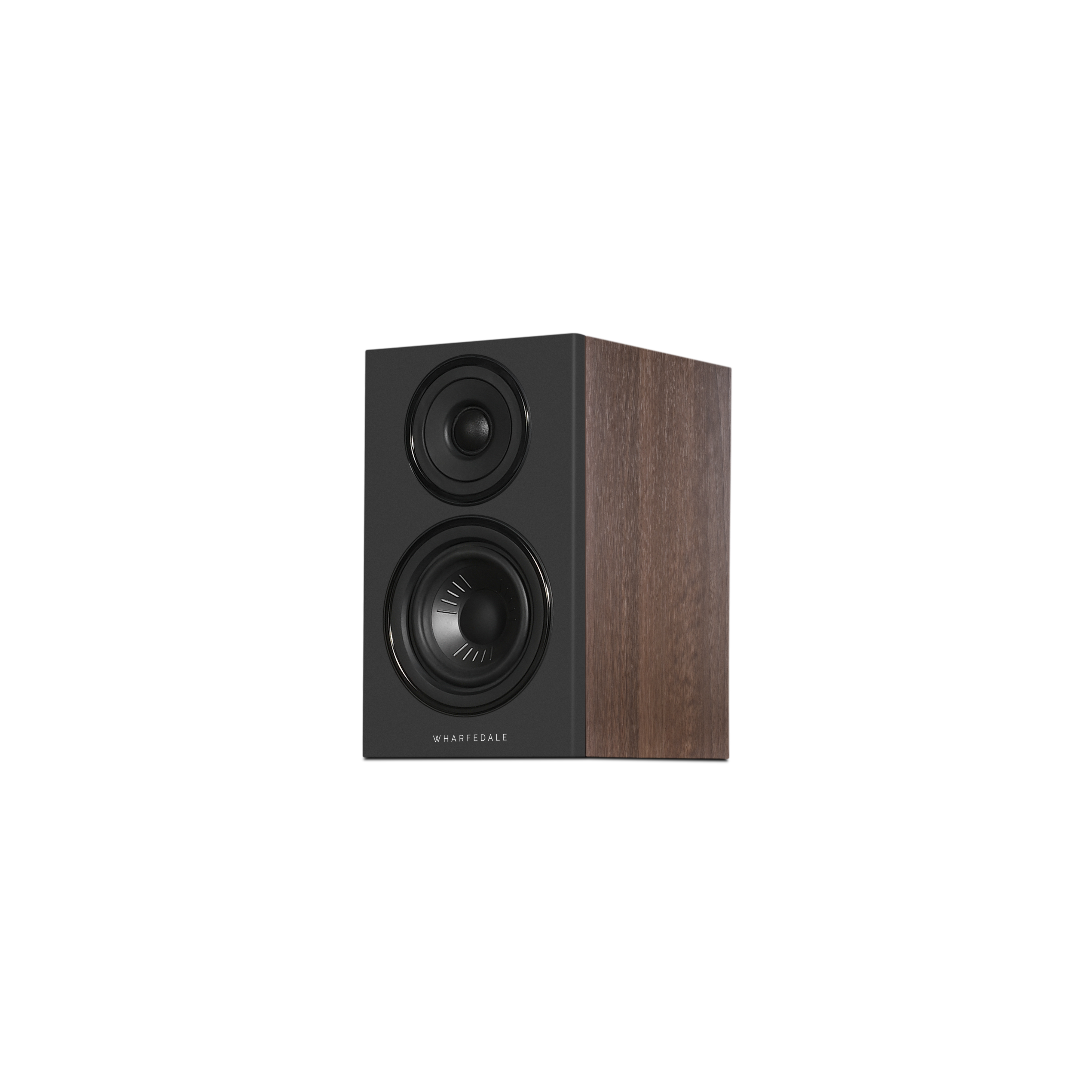 Enceinte compacte avec façade noire et coffret en bois.