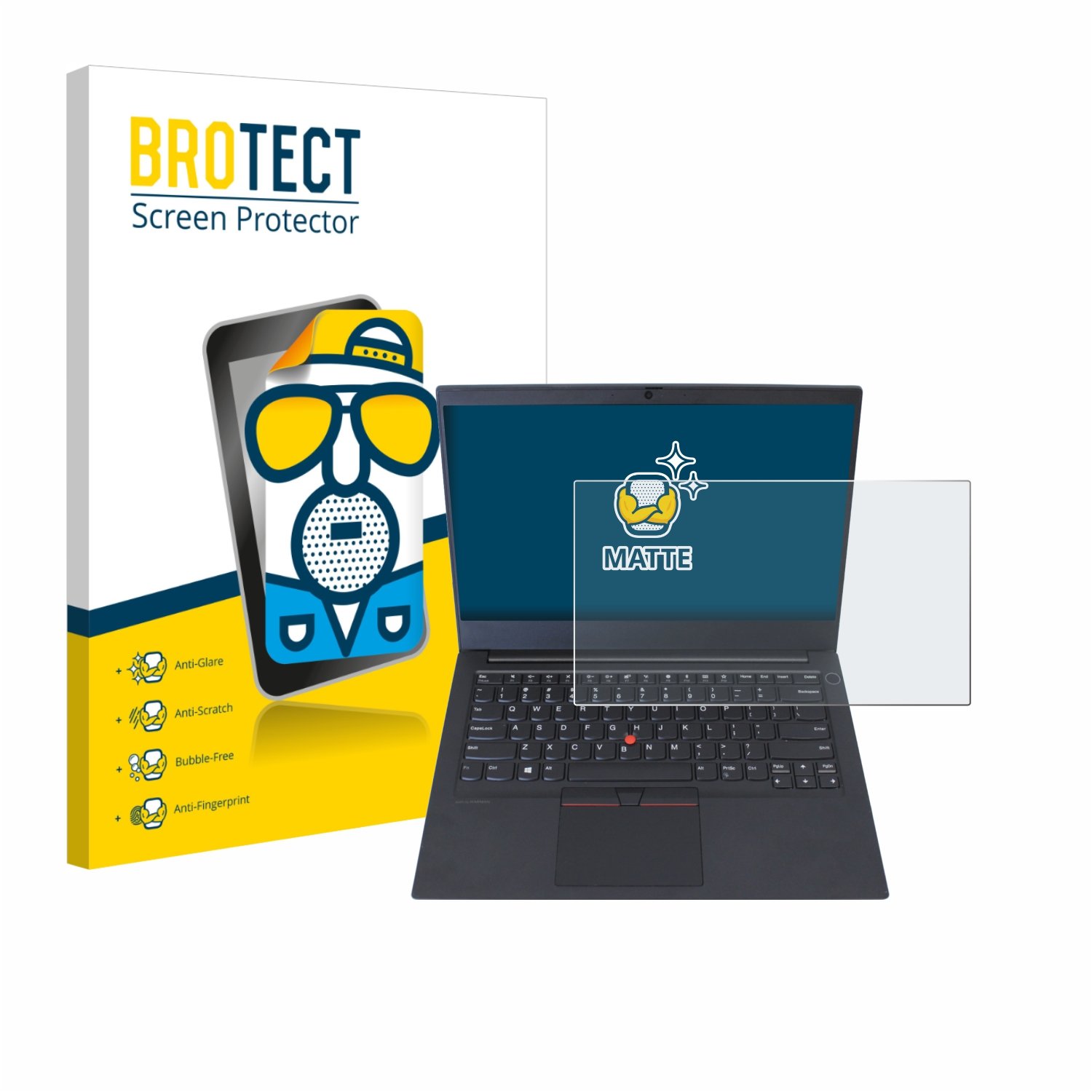 BROTECT Displayschutzfolie für ein Laptop. Mit Laptop und Verpackung.