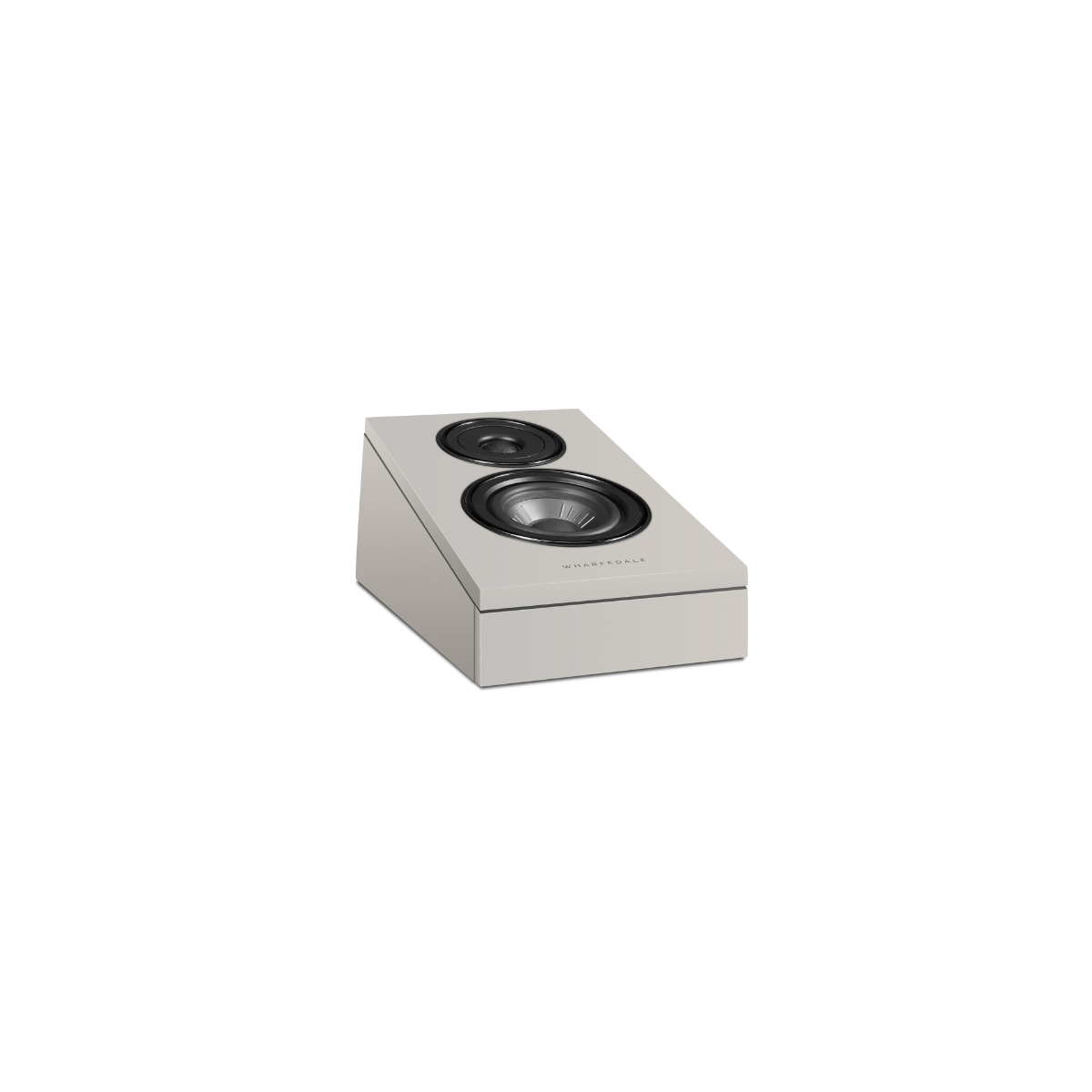 A cream-colored speaker with two drivers on a white background.
