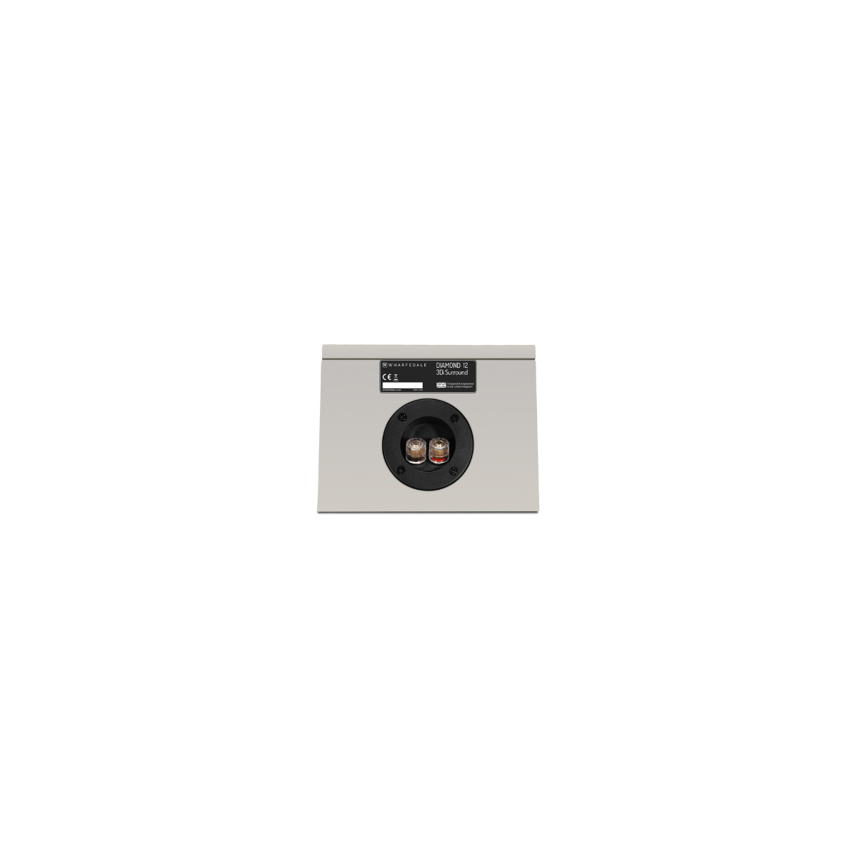 Rear of a silver speaker with label: Wharfedale Diamond 12 3D Surround, CE, UKCA.