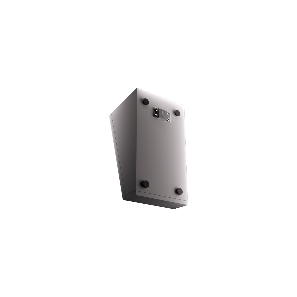 Gray speaker with black rubber feet and wall mount hardware.