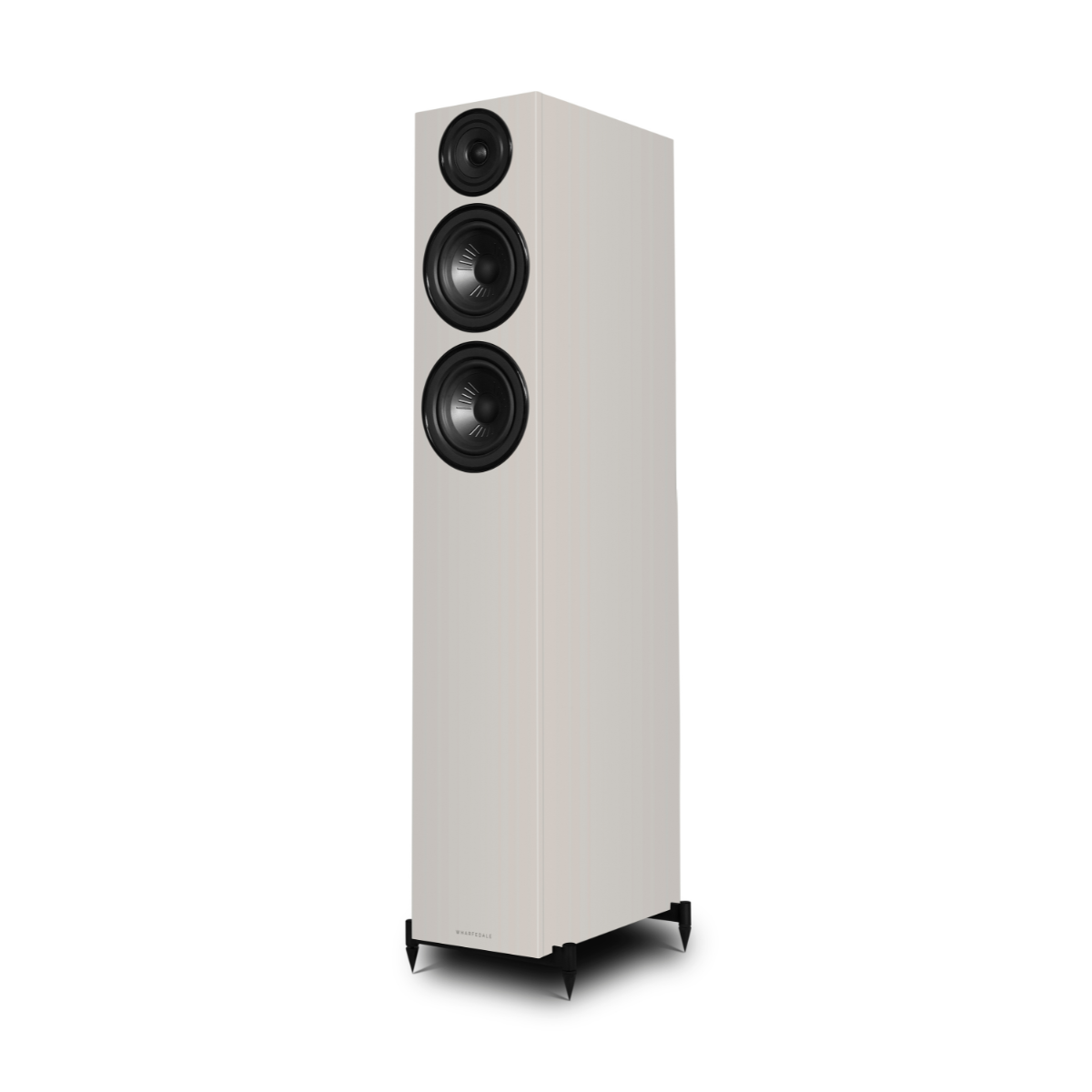 A light-colored, tall speaker with three black drivers and black feet.
