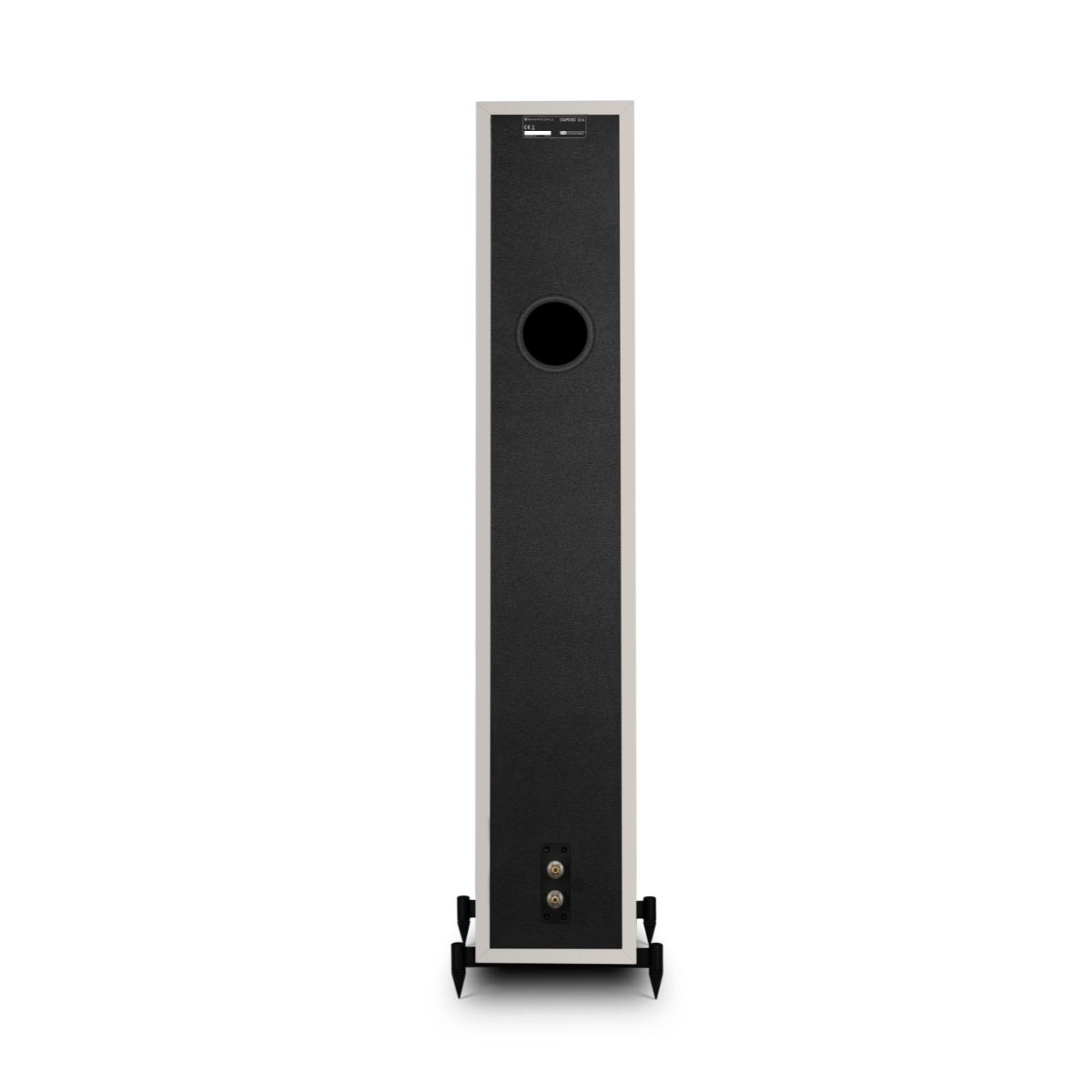 A tall, slim white speaker with black fabric and round connection ports.