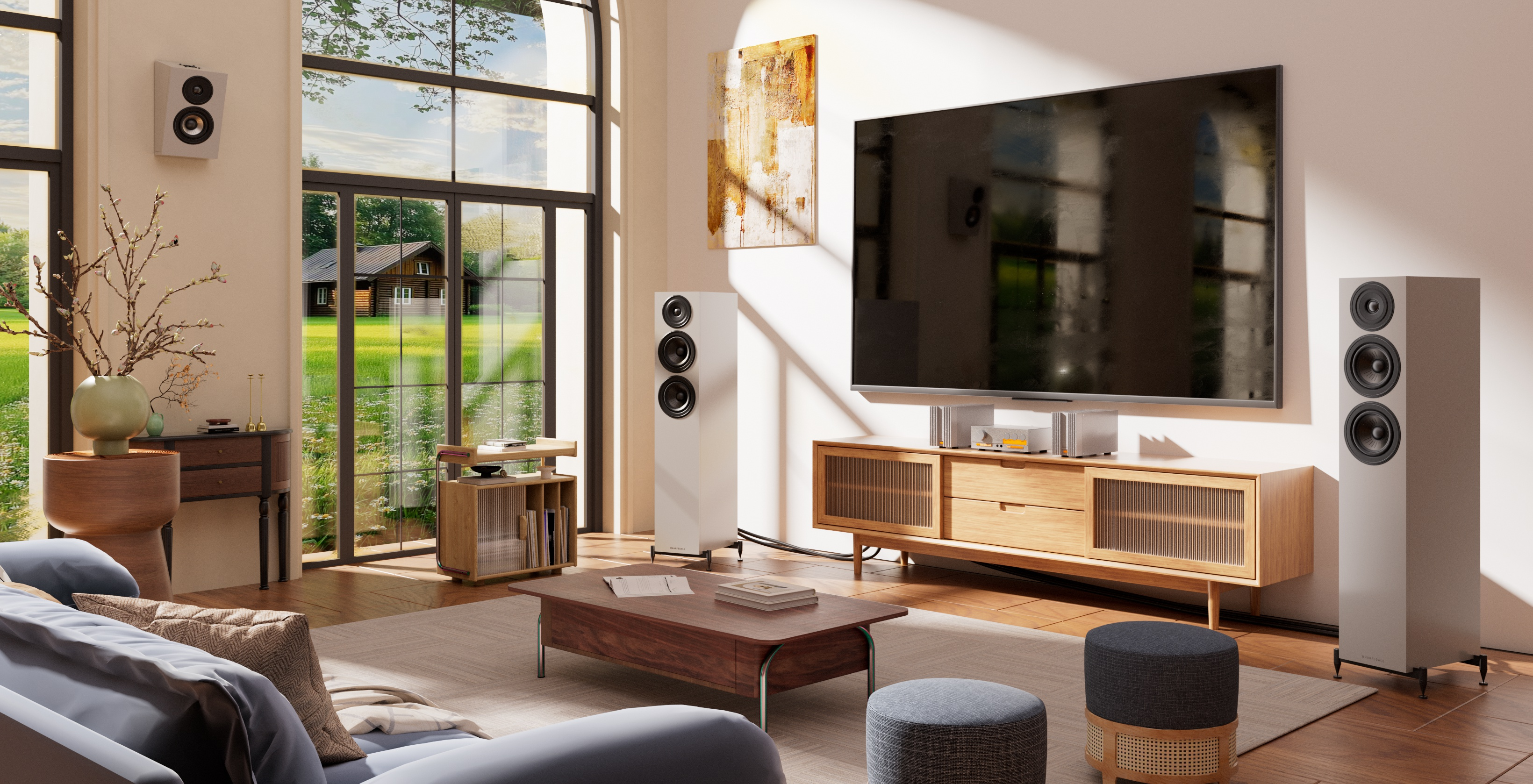 Modern living room with large TV, speakers, wood floor, and garden view.