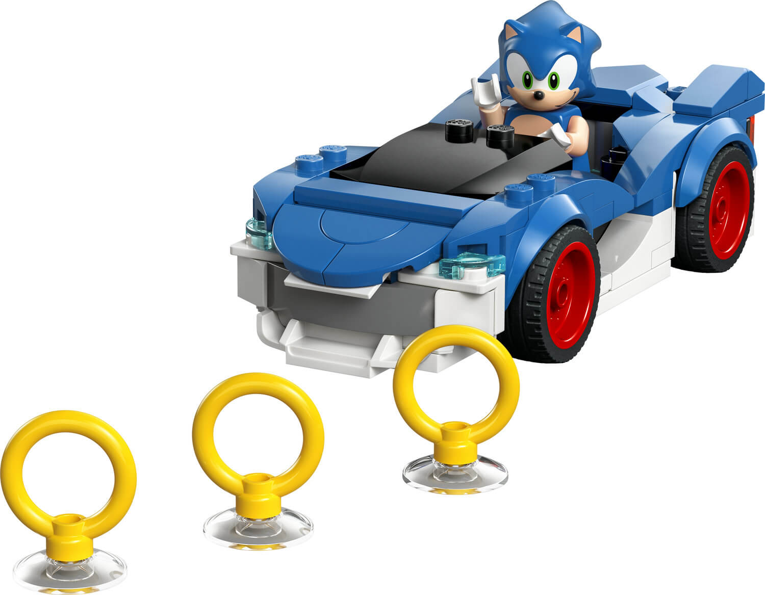 Mavi arabalı Sonic Lego figürü kırmızı halkalarla.