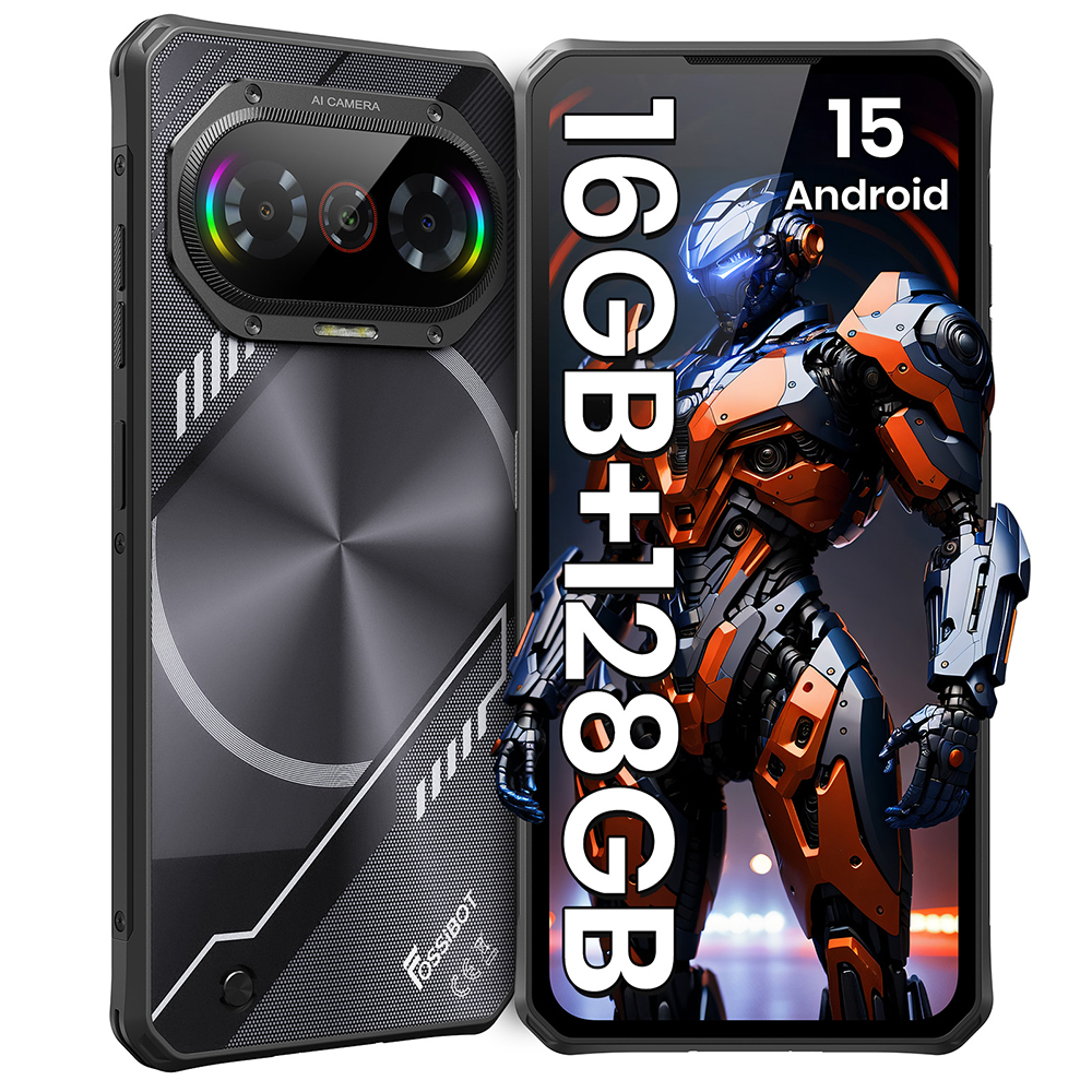 Uno smartphone con design posteriore metallico e fotocamera. Lo schermo mostra un robot Android.