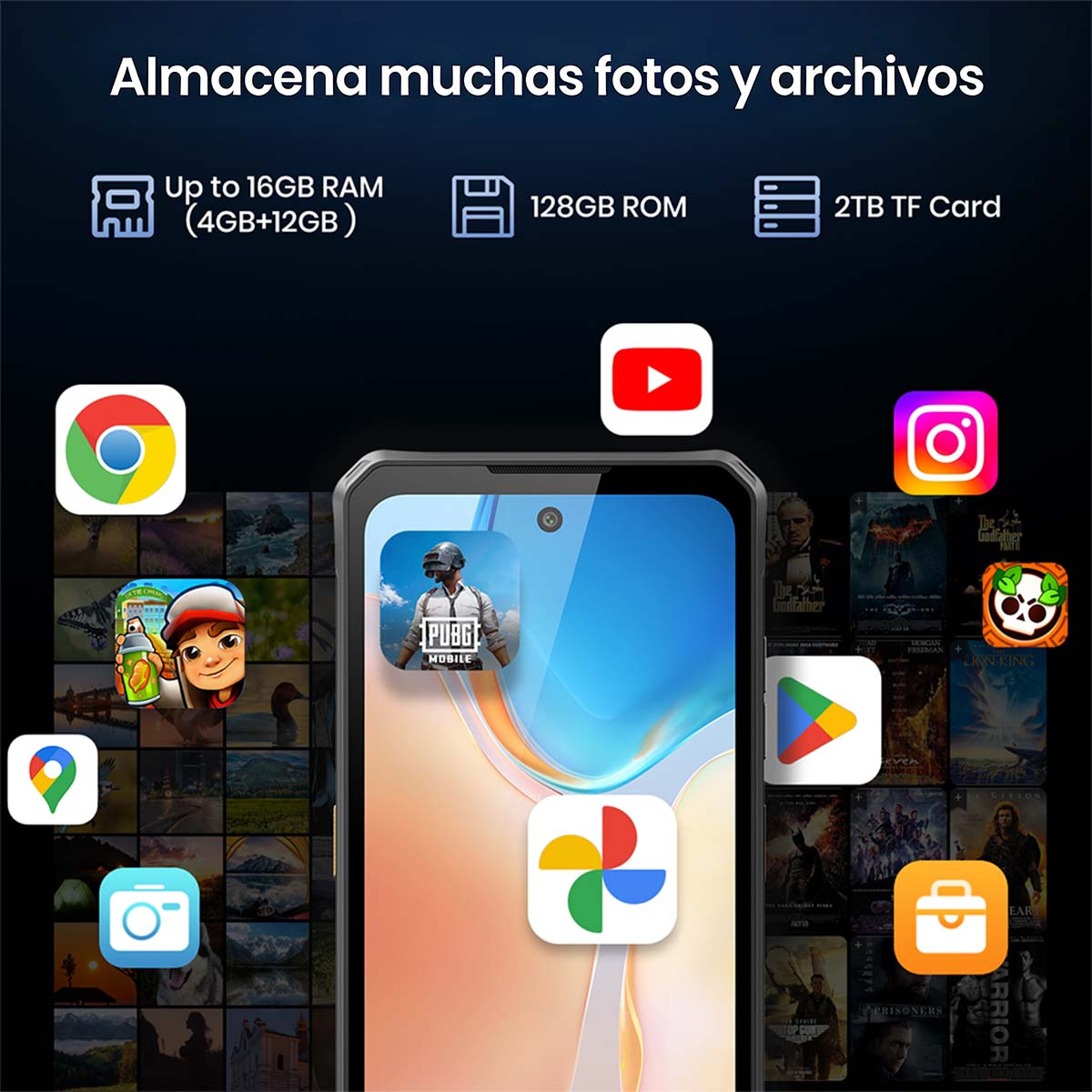 Smartphone con icone di app: PUBG, Chrome, YouTube, Instagram e altro.