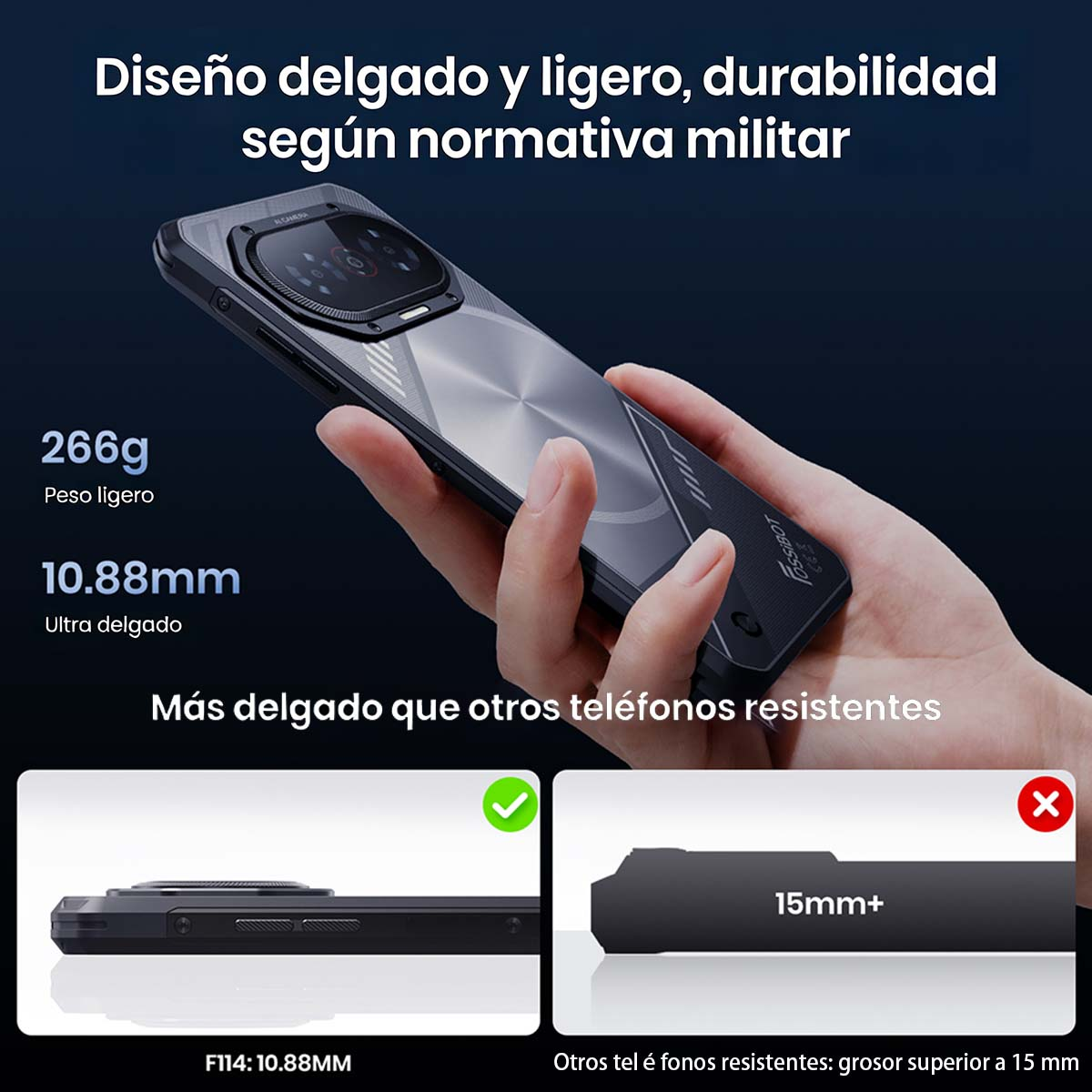 Un telefono sottile e leggero (266g, 10,88mm) è tenuto. Confronti evidenziano sottigliezza.