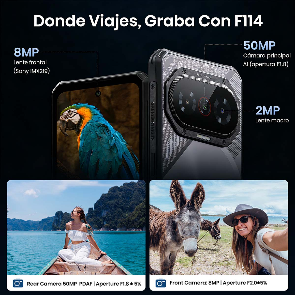 Annuncio smartphone: Pappagallo, donna in barca, asini, selfie. Specifiche.