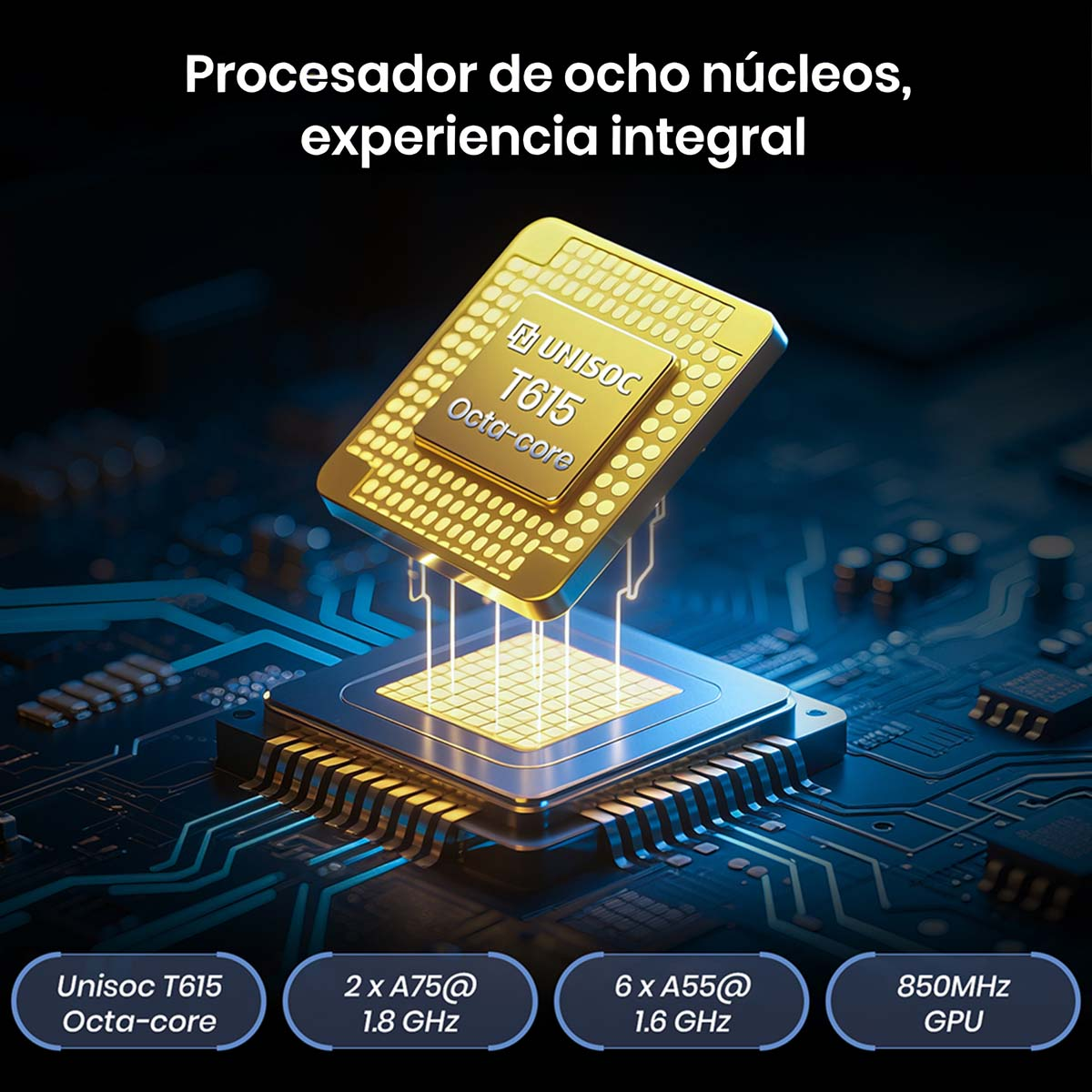Processore dorato Unisoc T615 Octa-core su una scheda di circuito blu con linee luminose.
