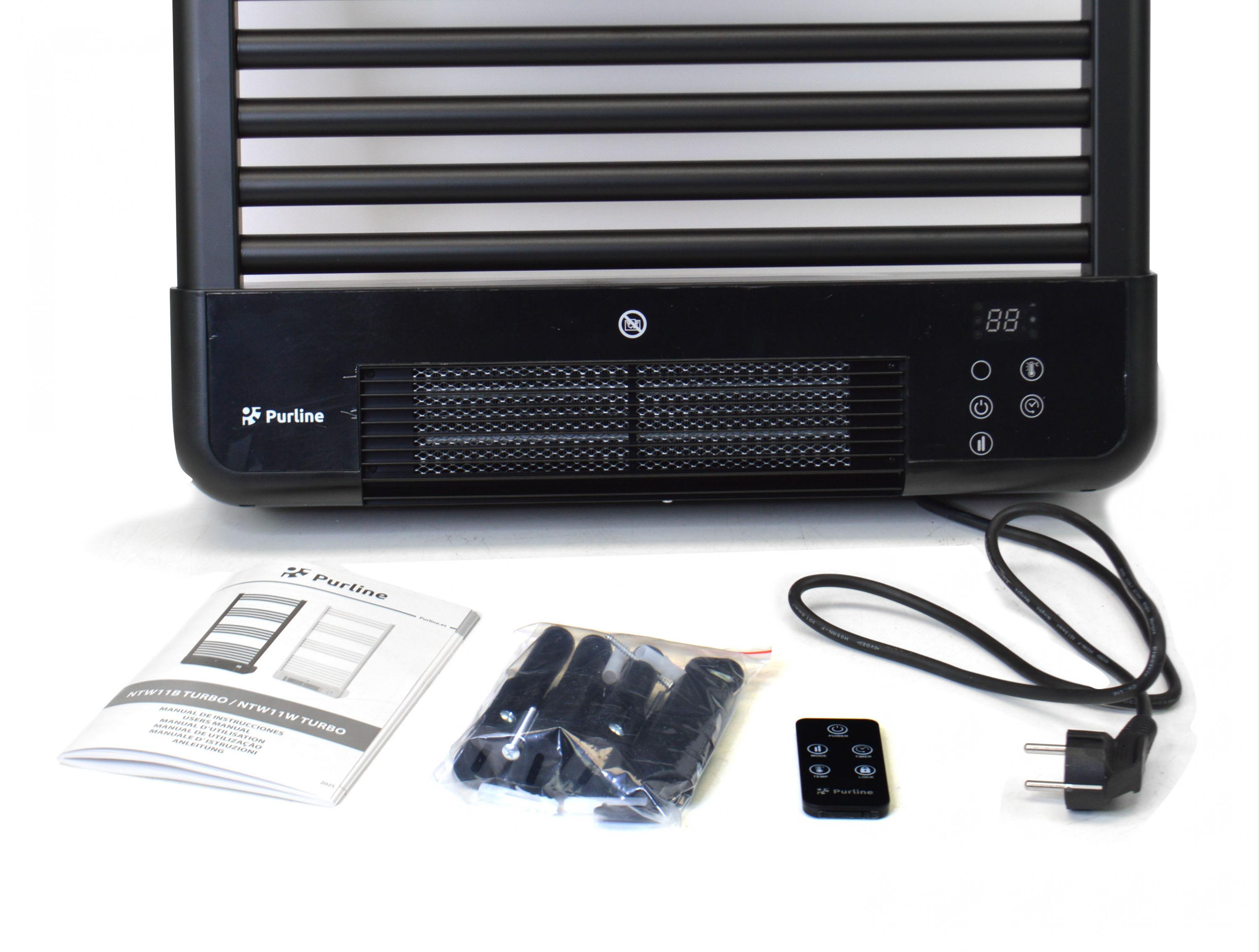 Secador de toallas negro con mando, manual, cable y enchufe.