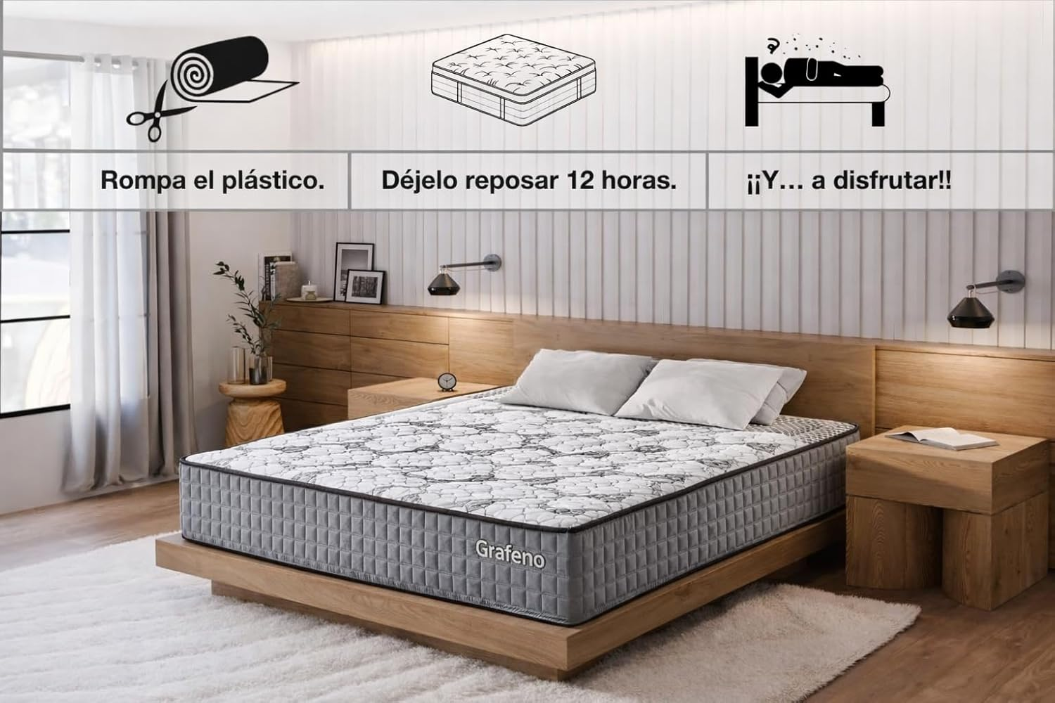 Una cama con un colchón Grafeno y mesitas de noche.