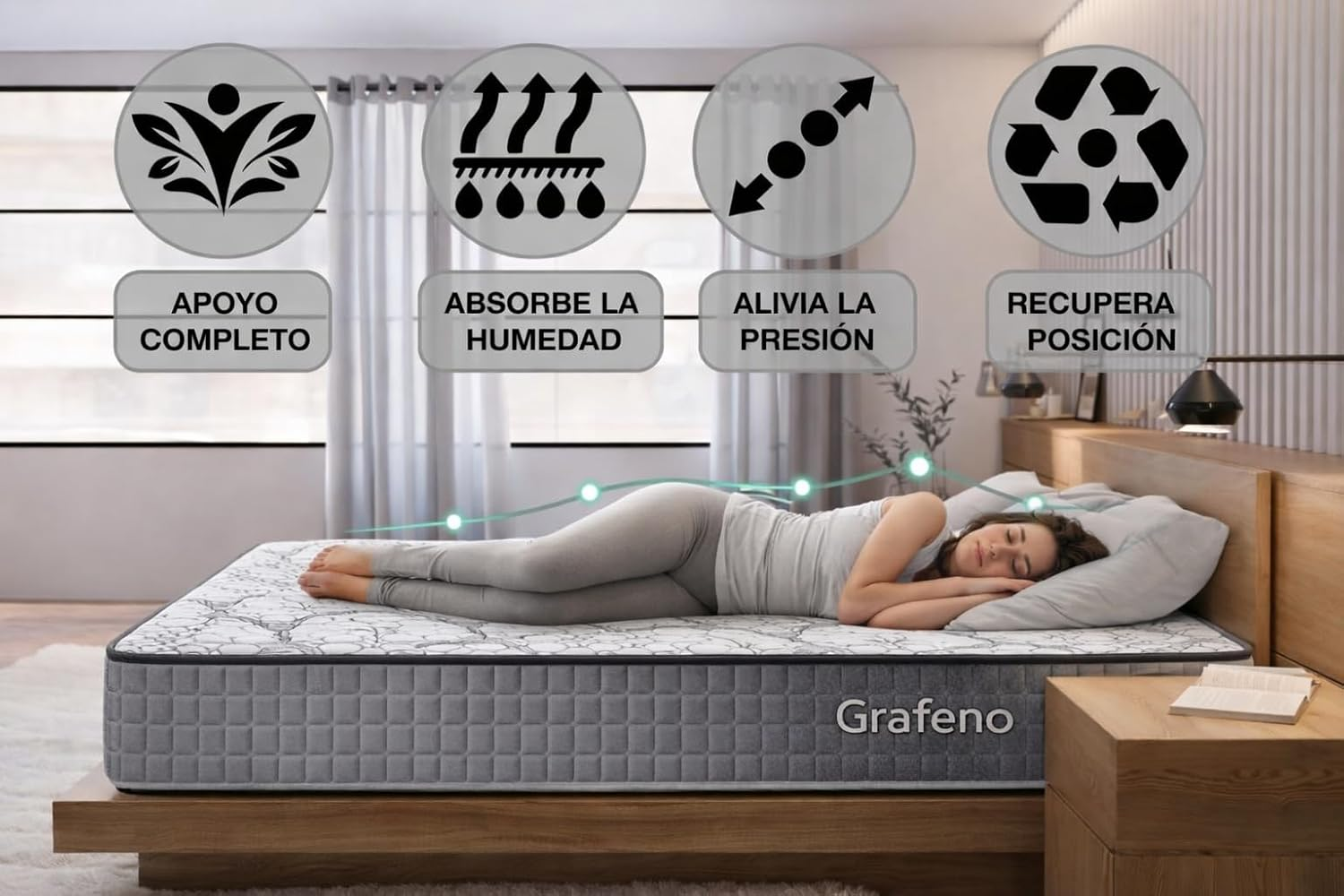 Mujer duerme en colchón Grafeno con iconos de soporte, absorción humedad y alivio presión.