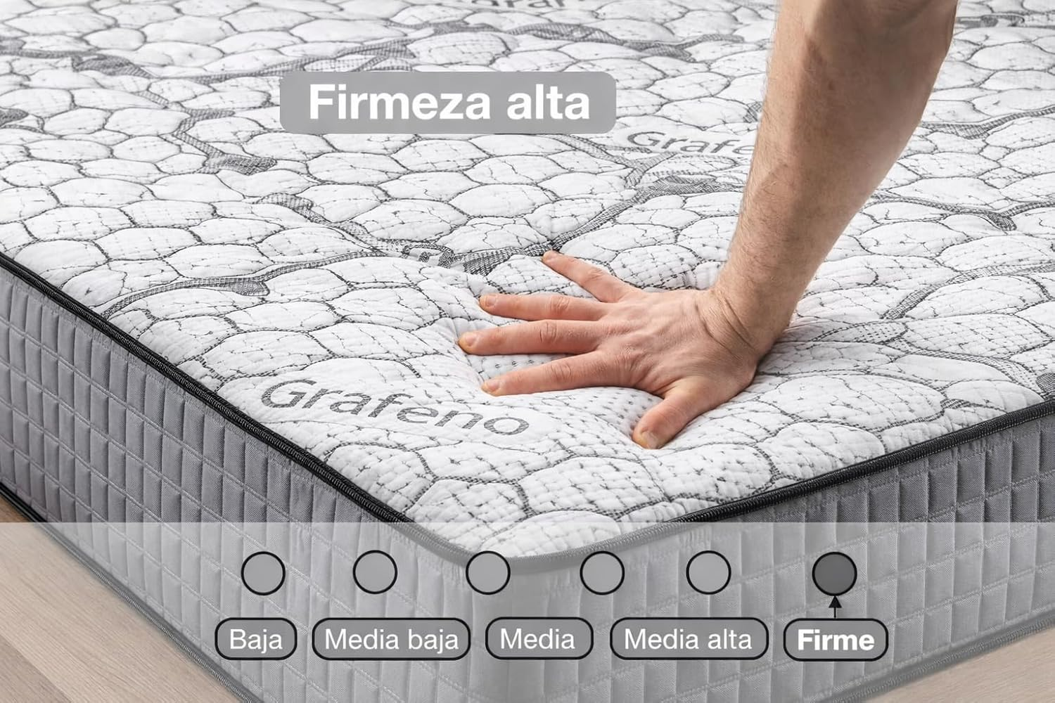 Mano presionando un colchón estampado. Encima dice "Firmeza alta".