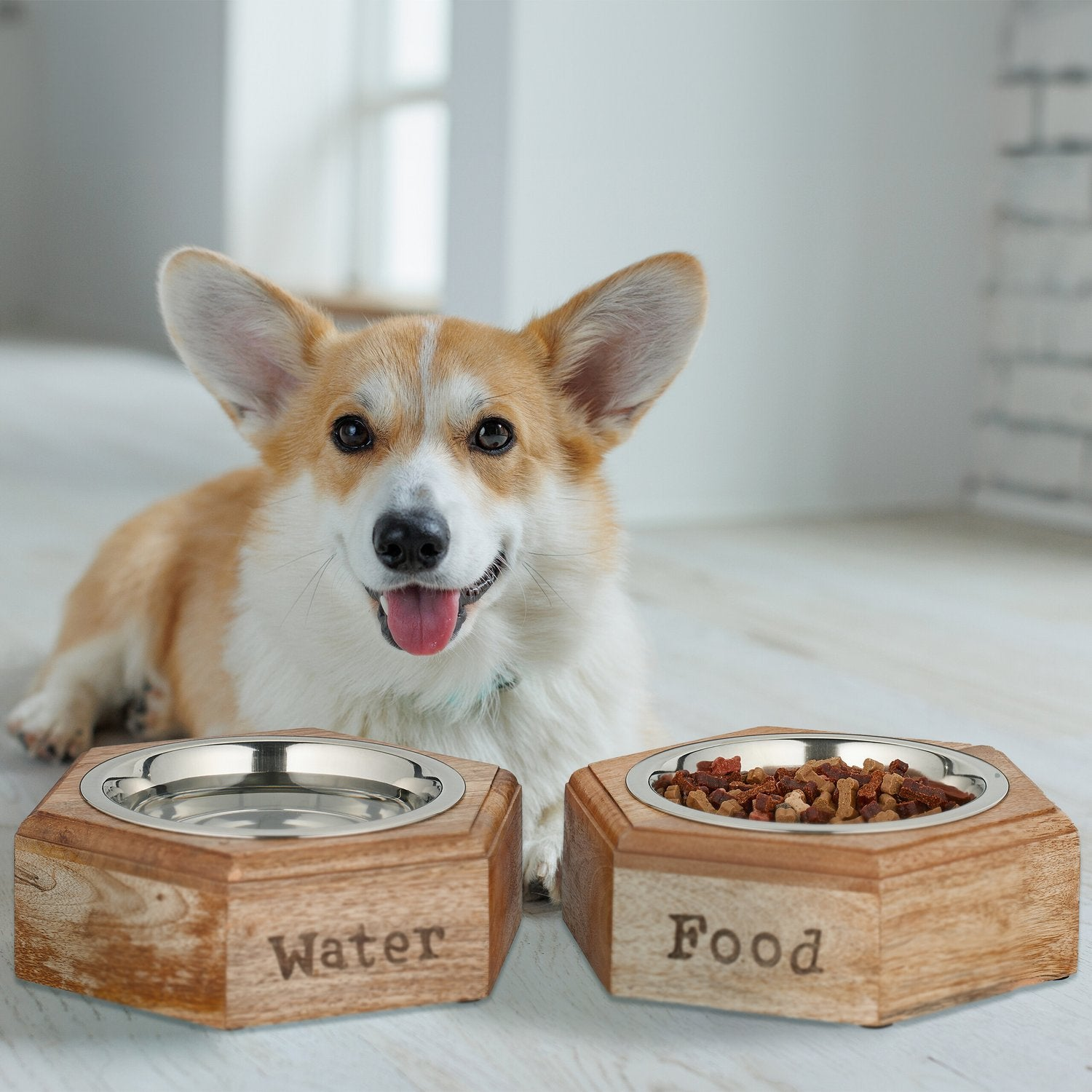 Un corgi yace detrás de dos cuencos de madera para mascotas, uno con agua y otro con comida.