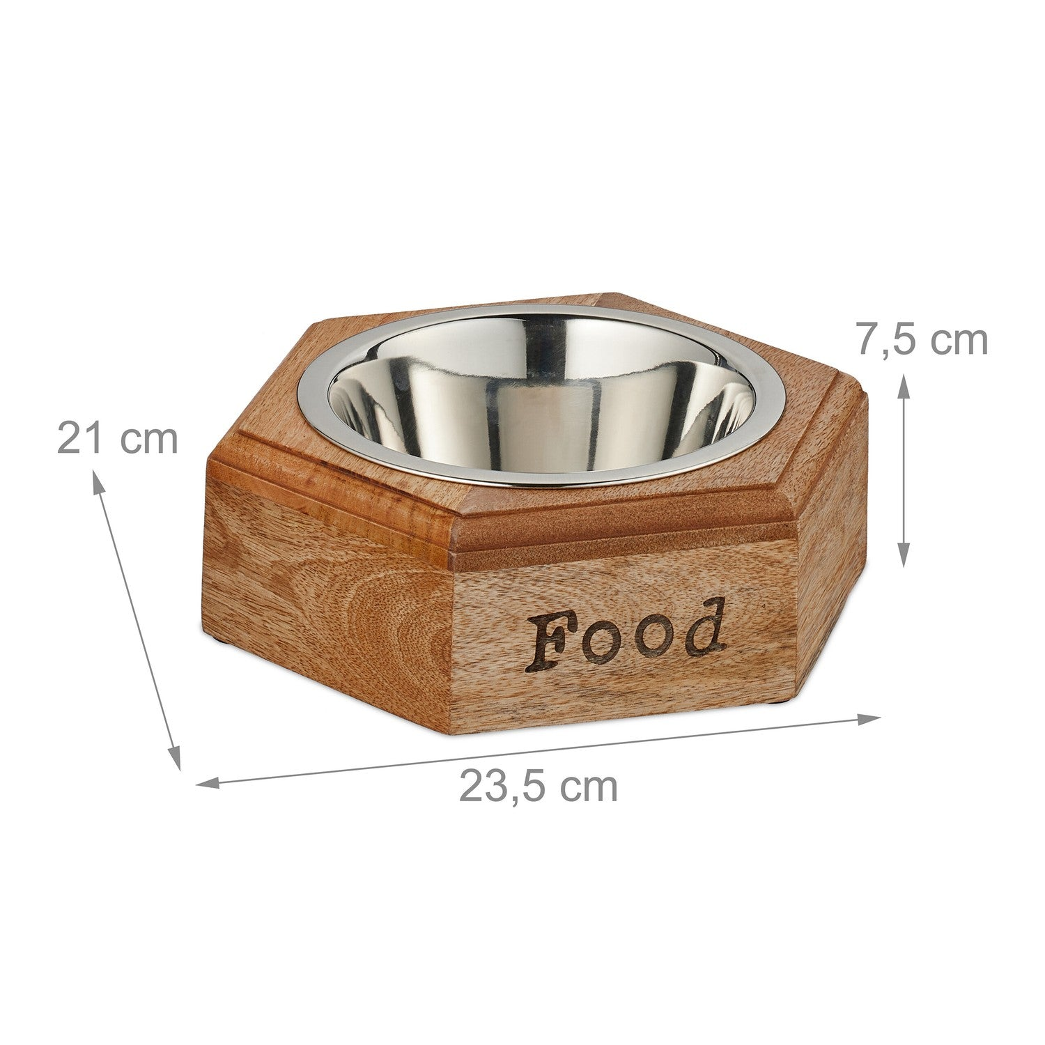 Cuenco de comida de madera con inserto de acero inoxidable, tamaño 23,5x21x7,5 cm.