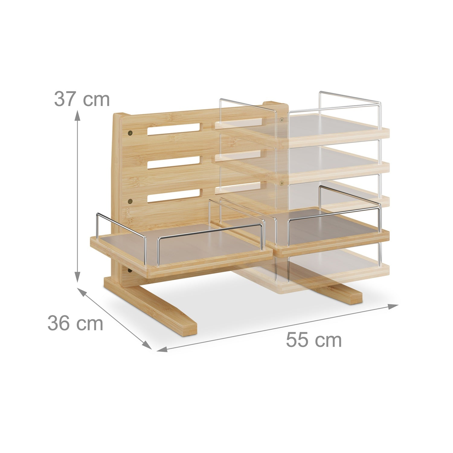 Un organizador de madera de 5 estantes, dimensiones 37x36x55 cm.