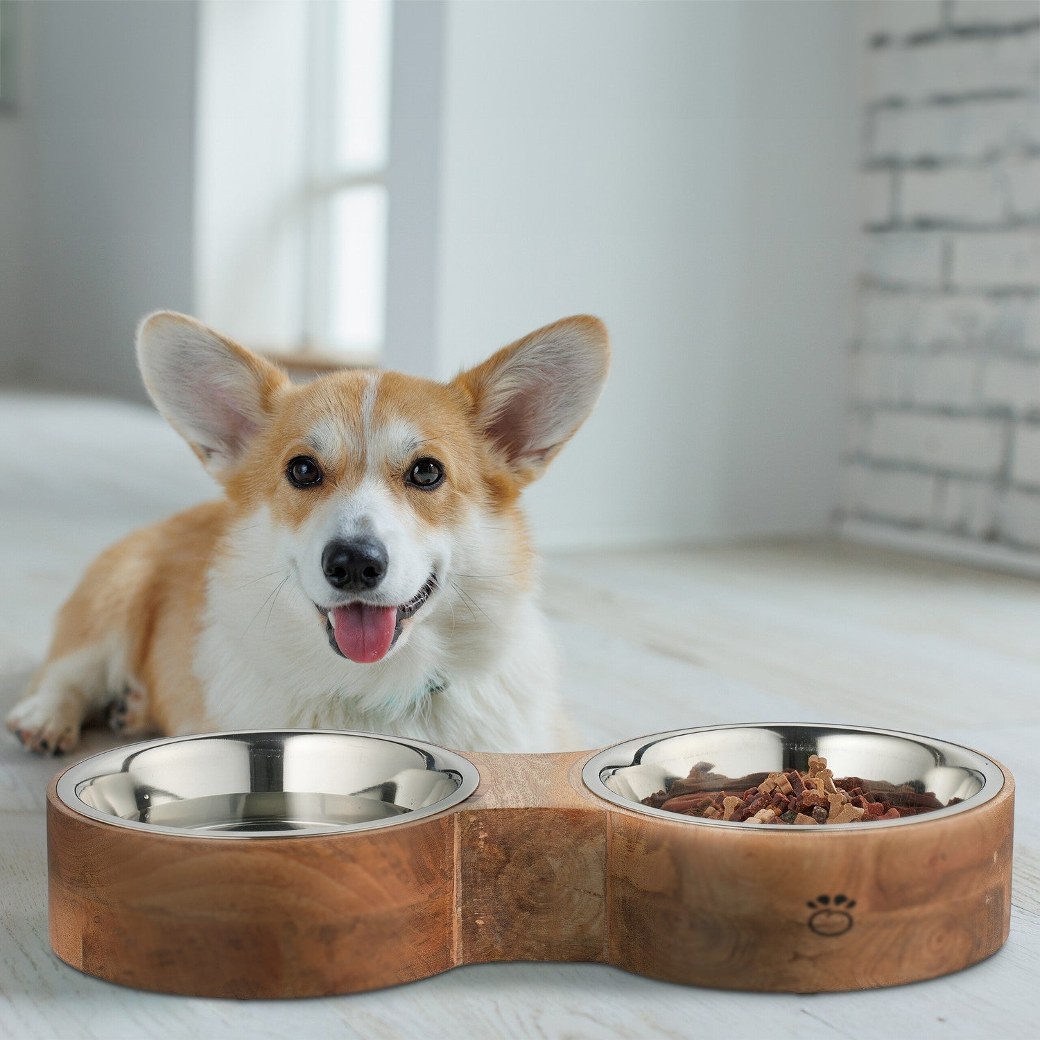 Un corgi yace detrás de un comedero de madera con dos cuencos de acero inoxidable. Un cuenco está lleno.