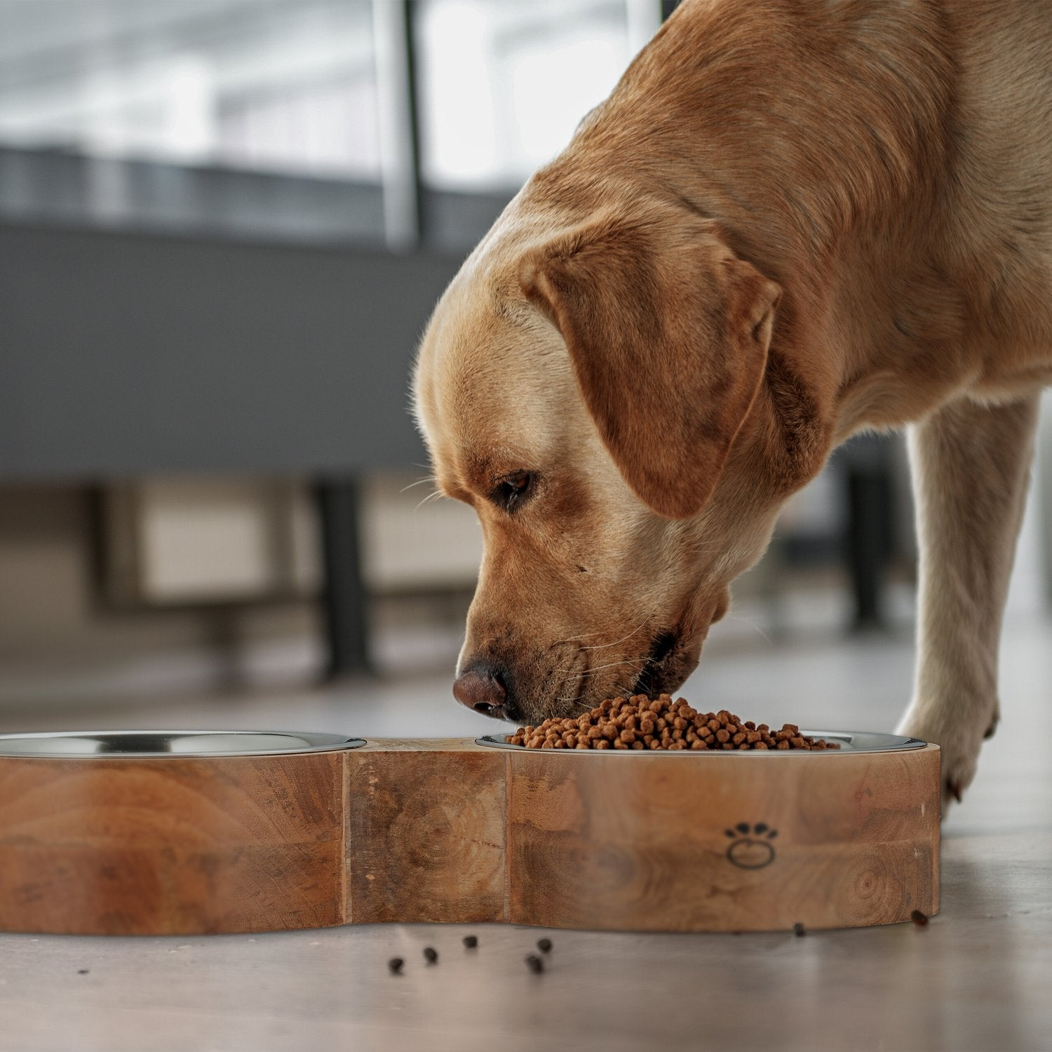 Un labrador dorado come de un cuenco de madera lleno de comida.