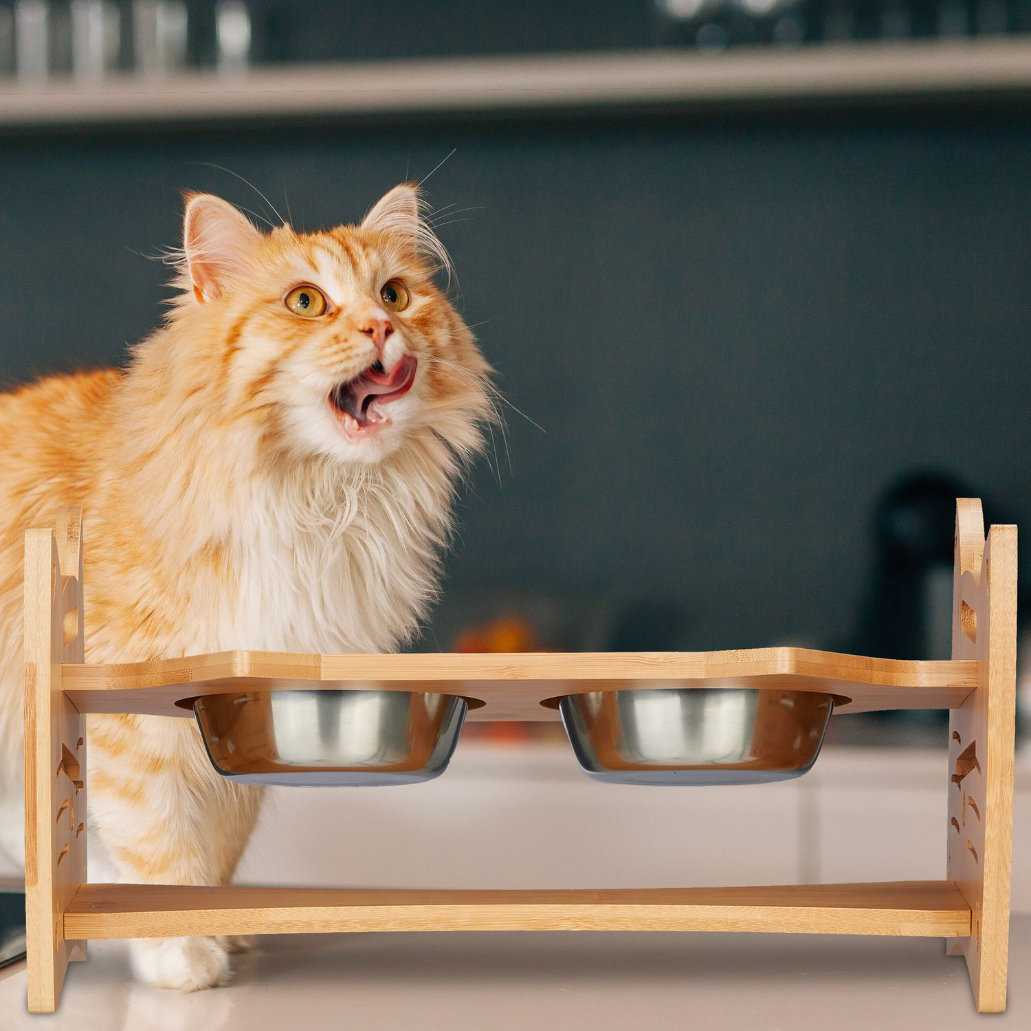 Un gato naranja se lame los labios junto a un cuenco doble de madera.