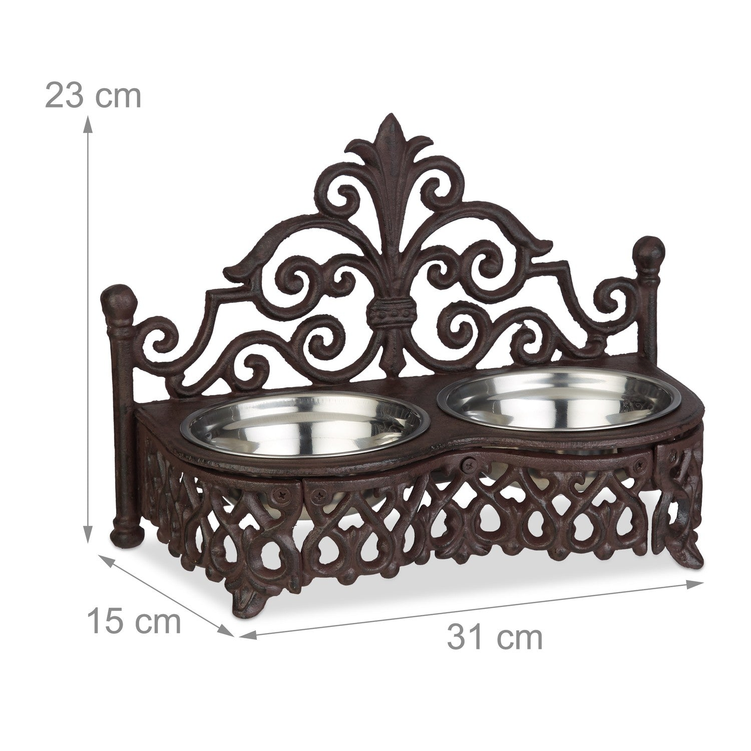 Soporte de metal marrón con dos cuencos de acero inoxidable, 31x15x23 cm.
