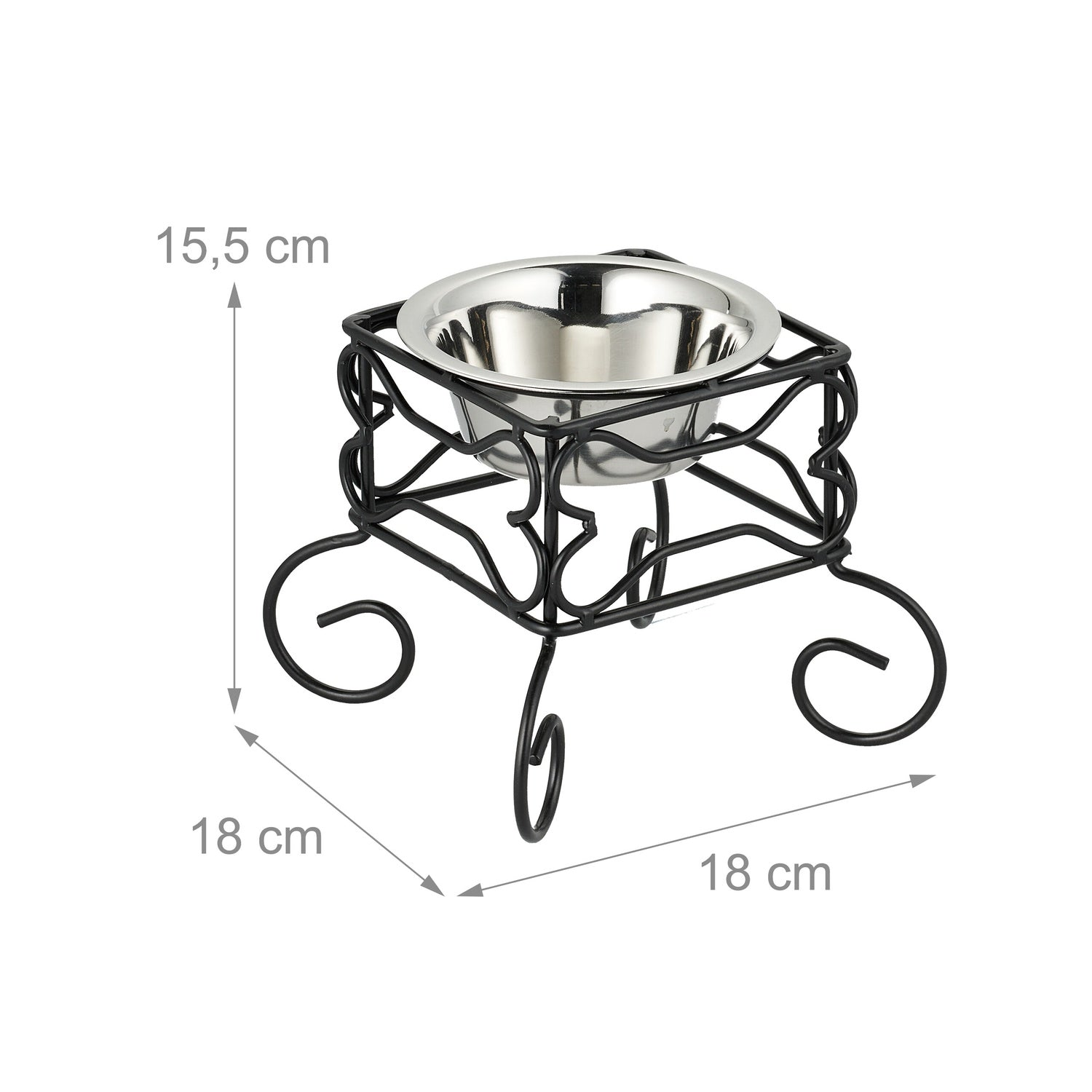 Soporte negro con cuenco plateado. Dimensiones: 15,5 x 18 x 18 cm.