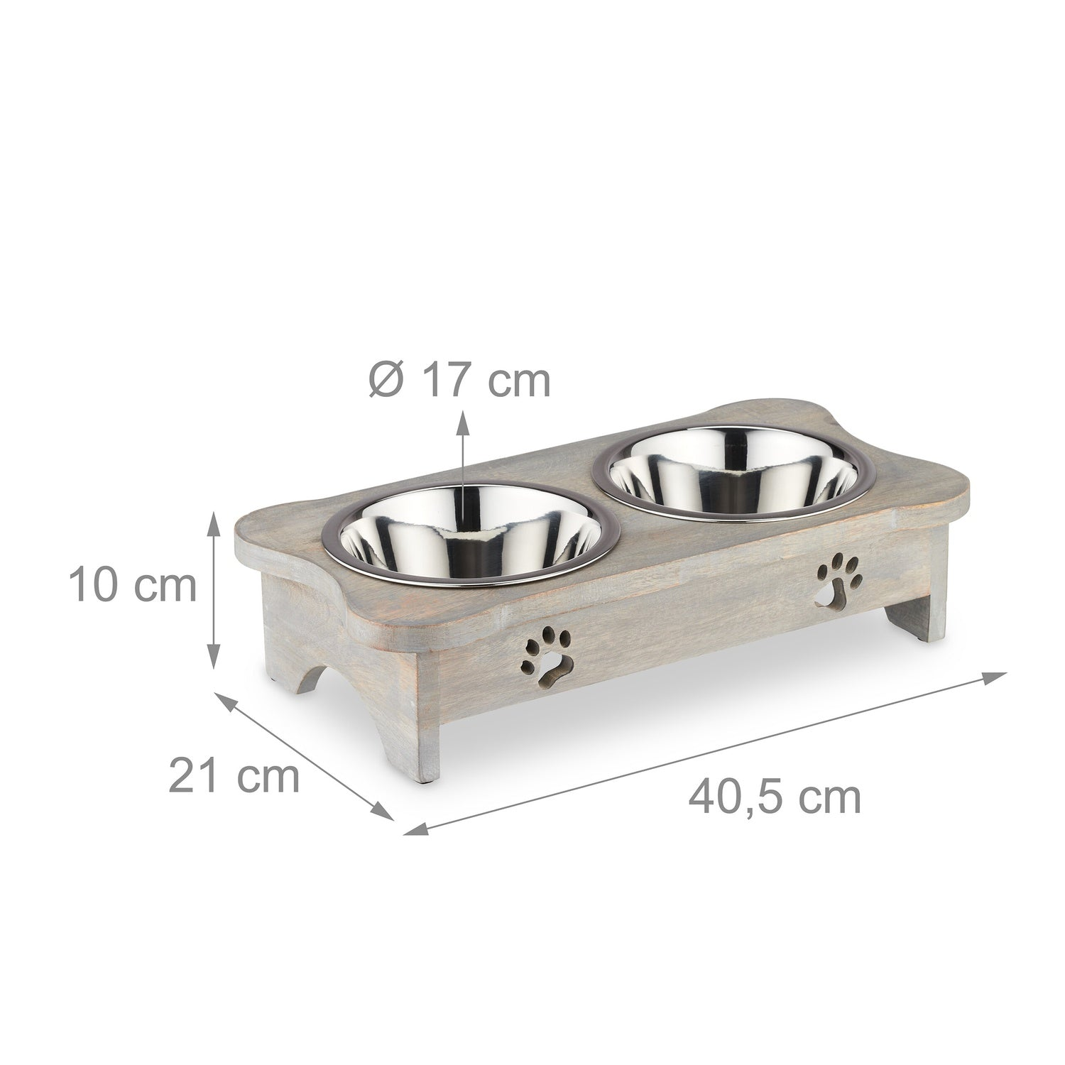 Soporte de madera gris con dos cuencos de acero inoxidable, 40,5 cm.