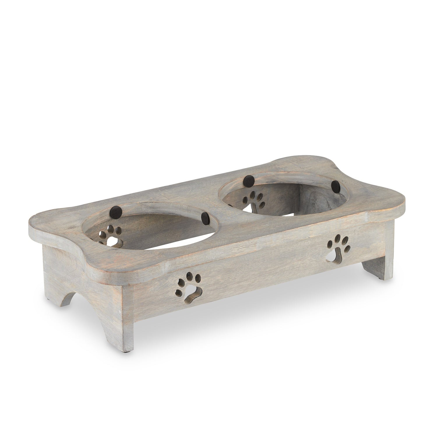 Un soporte de madera gris con dos cuencos y recortes de huella.
