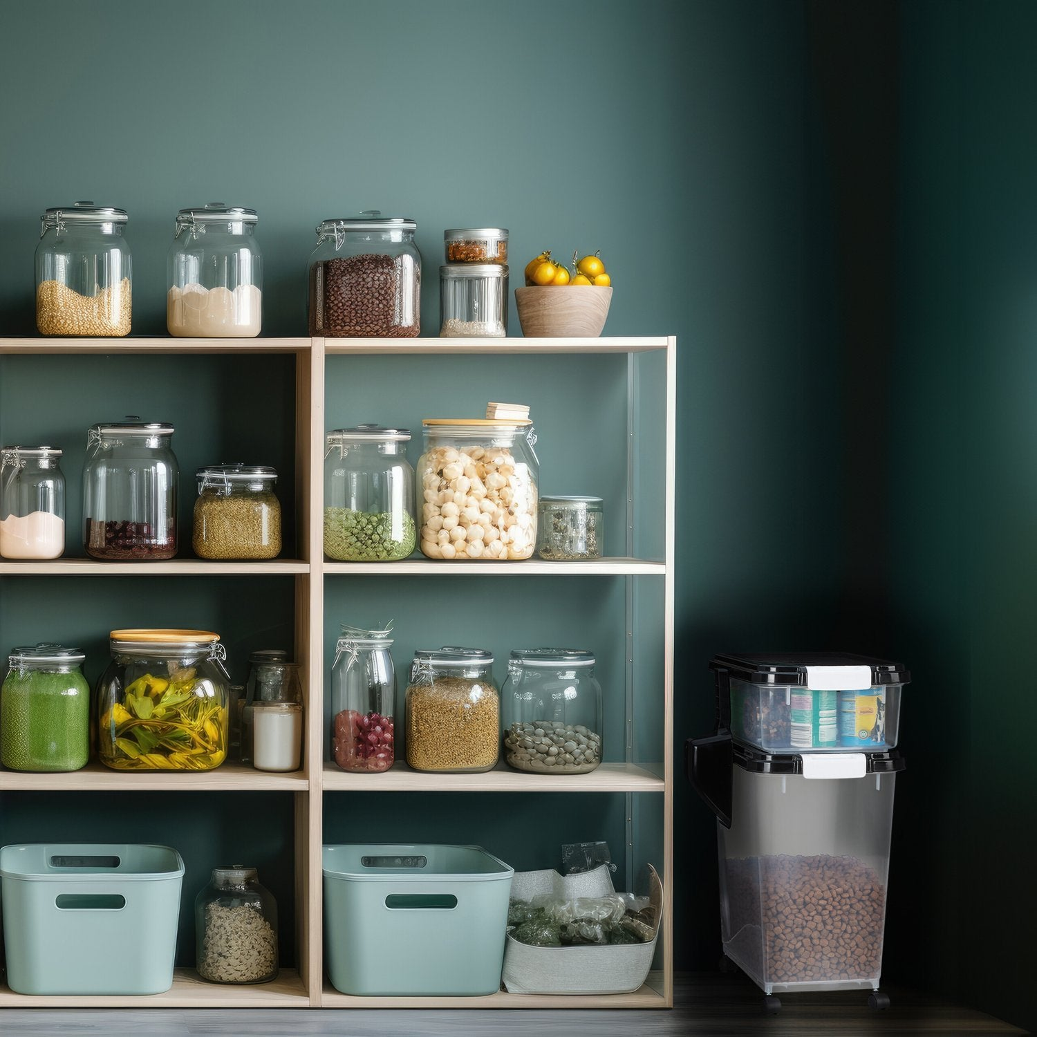 Estantes con frascos y contenedores de alimentos contra pared verde oscuro.