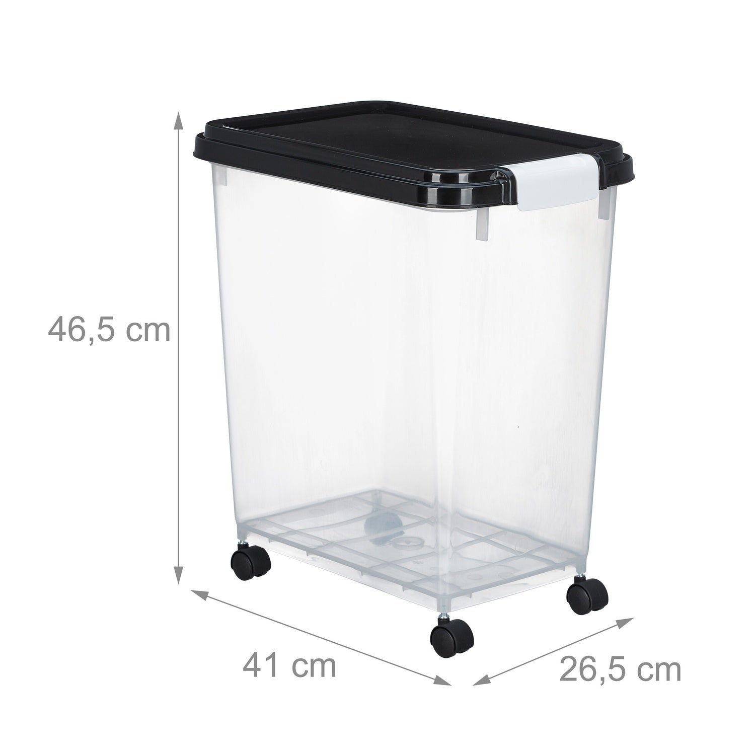 Contenedor transparente con tapa negra y ruedas, 46,5x41x26,5 cm.