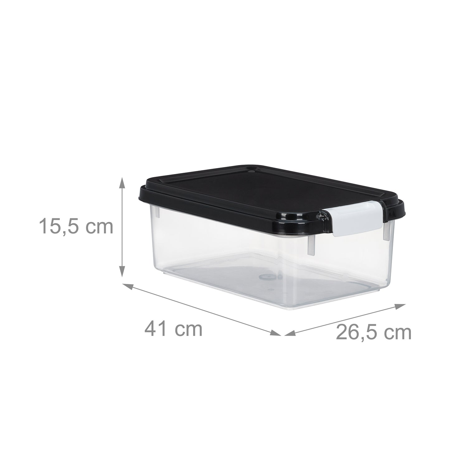 Caja de almacenamiento transparente con tapa negra y dimensiones.