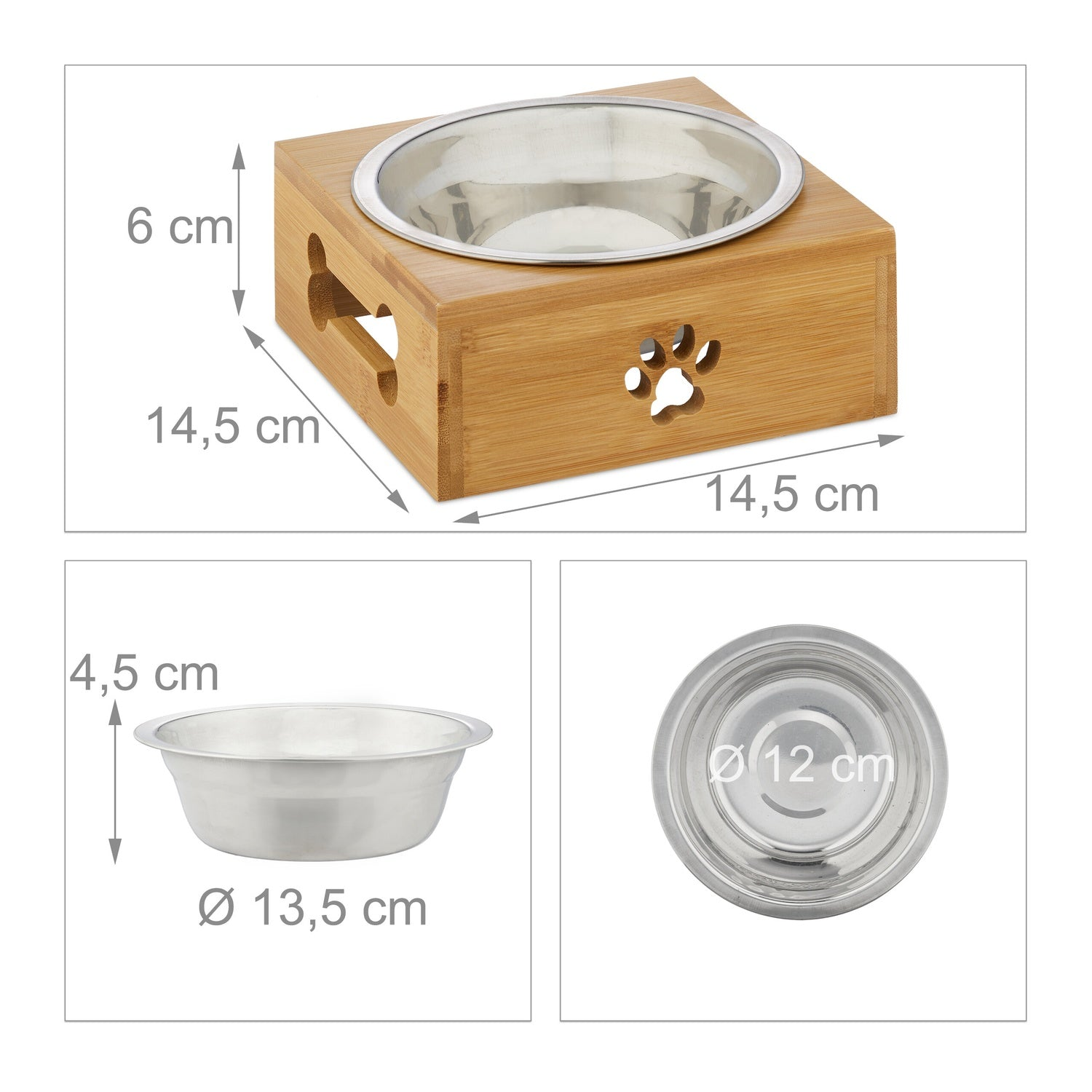 Un soporte de comedero de madera con cuenco de acero inoxidable. Medidas: 14,5x14,5x6cm.