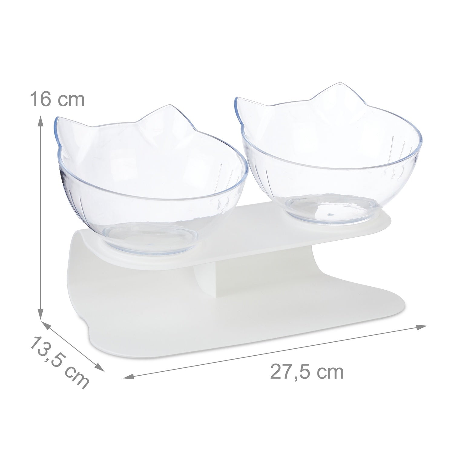Dos cuencos transparentes con forma de gato sobre un soporte blanco.