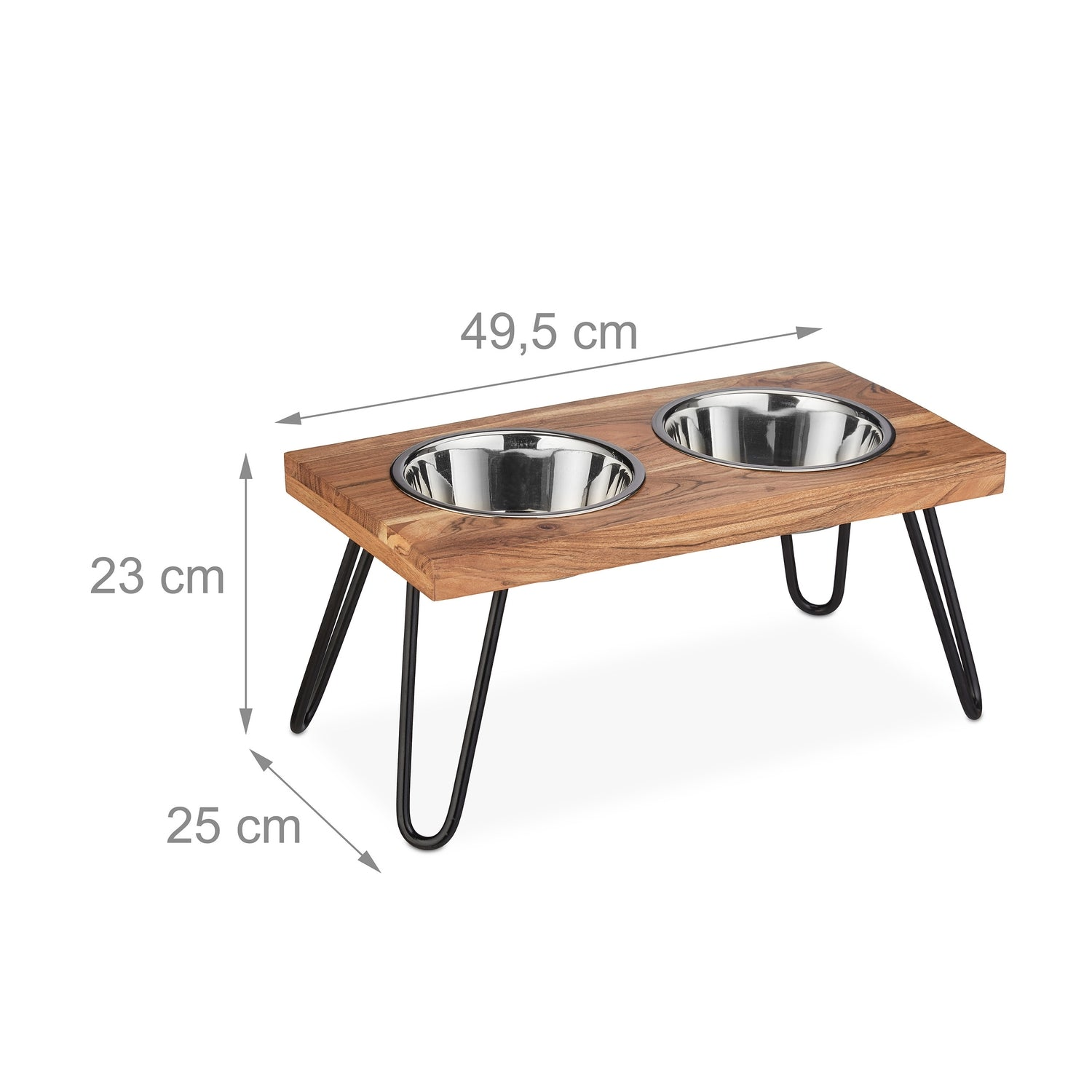 Un comedero de madera con dos cuencos de acero inoxidable y patas de metal negras.