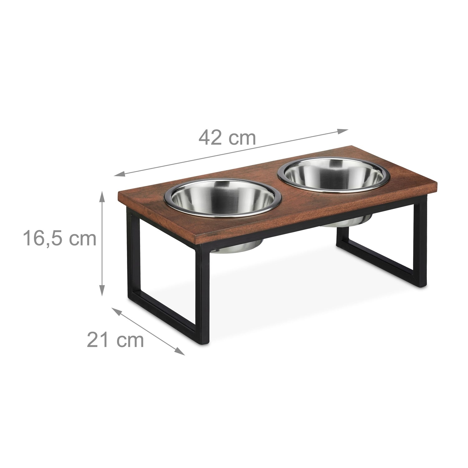 Soporte de madera con dos cuencos de acero inoxidable, dimensiones: 42x16,5x21 cm.